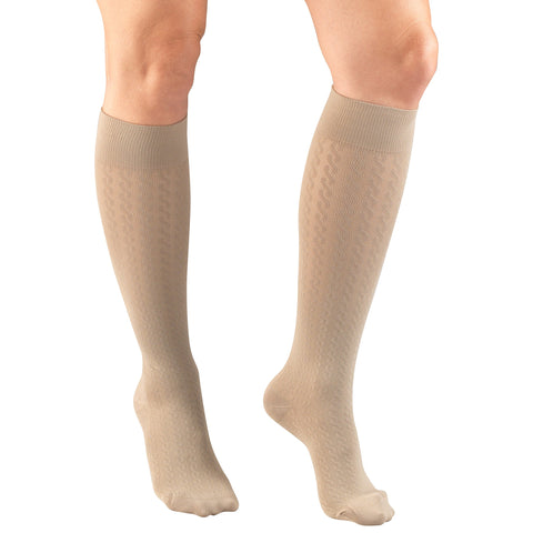 Truform Compression Socks, 15-20 mmHg, Women's Dress Socks, Knee High Over Calf Length, Tan Cable Knit, X-Large