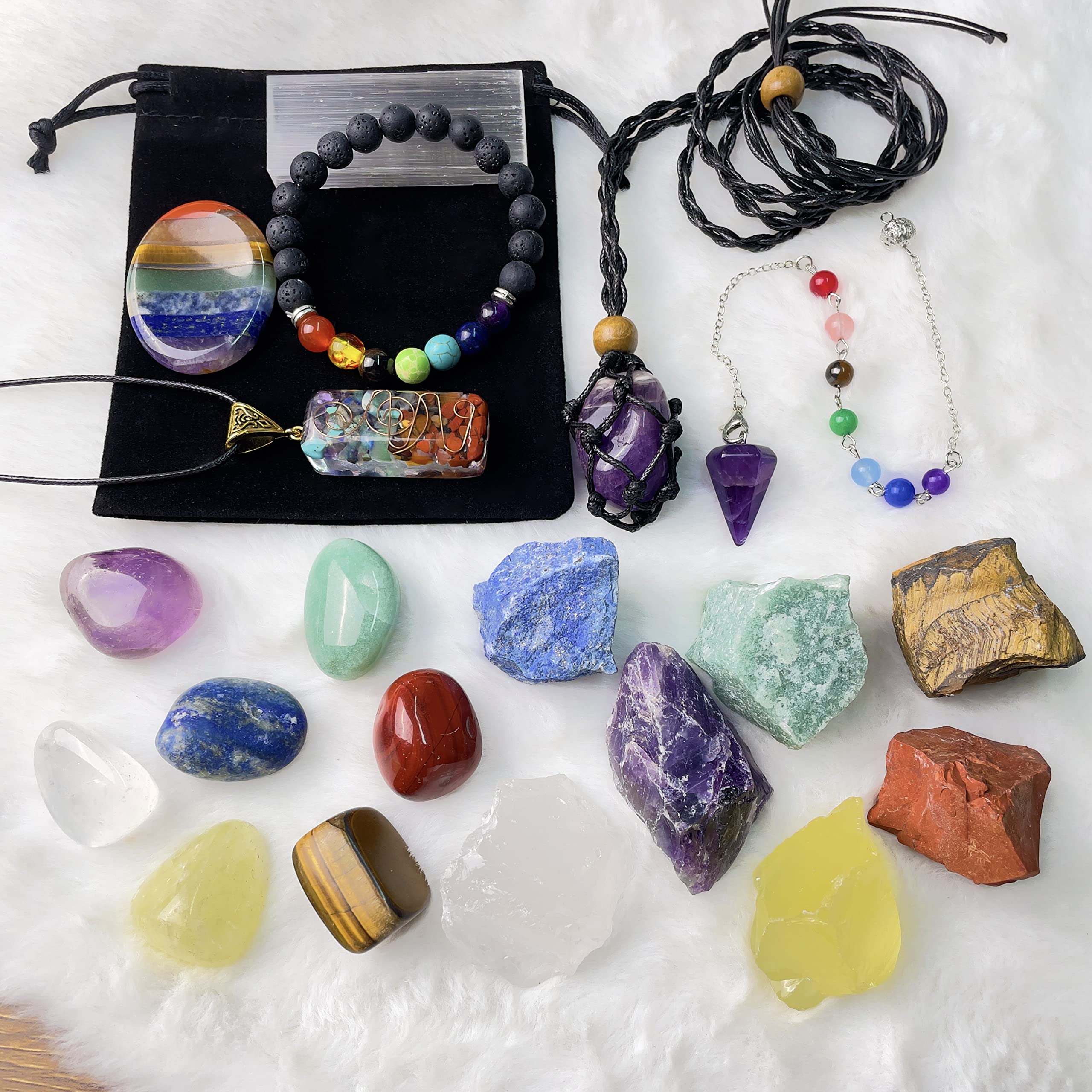22Pcs Healing Crystals Set, Chakra Quartz Kits in Wooden Box (7 Raw and 7 Tumbled Chakra Stones, Lava Bracelet, Chakra Necklace