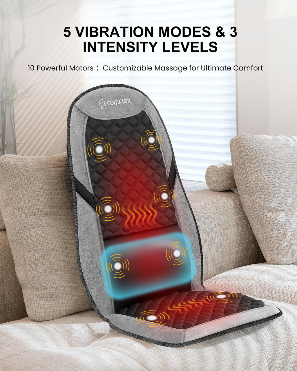 COMFIER Back Massager with Heat, Massage Seat Cushion for Chair with 10 Vibration Motors, Adjustable Lumbar Support,Chair Massag