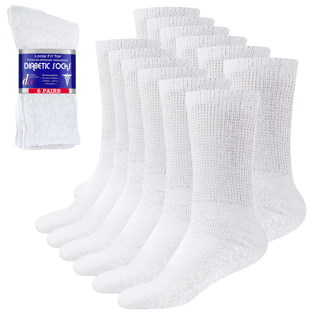 Diabetic Socks Womens Cotton 6-Pack Crew White By DEBRA WEITZNER, crew/white, 9-11