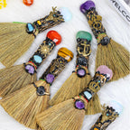 RJINGSHI Natural Green Aventurine Magic Broom Love Crystal Witch Broom Reiki Healing Crystal Handmade for Cleansing Bedroom Offi