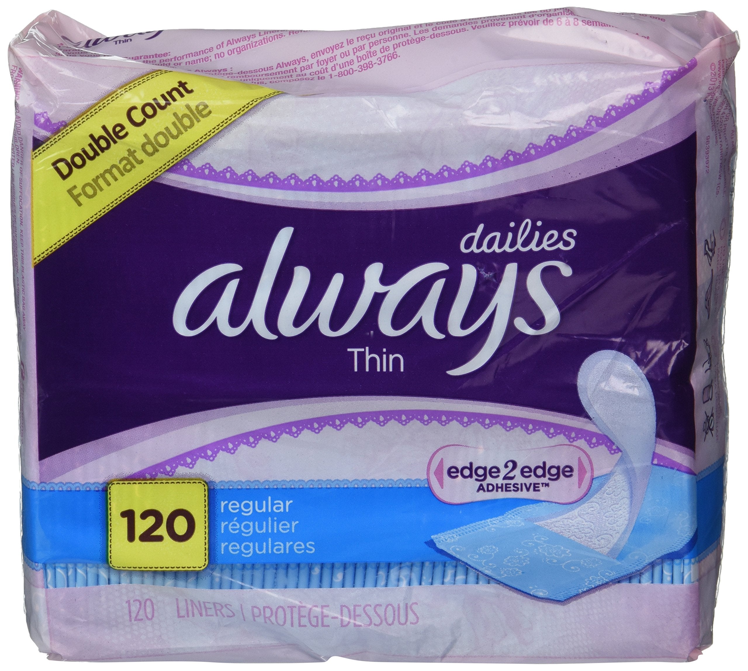 Always Dailies Regular, Thin, Unscented Pantiliners, 60 Count - Pack of 2 (120 Total Count)