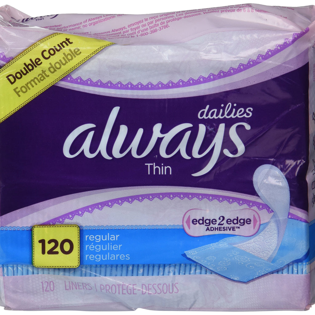 Always Dailies Regular, Thin, Unscented Pantiliners, 60 Count - Pack of 2 (120 Total Count)