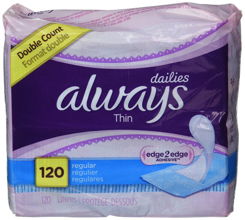 Always Dailies Regular, Thin, Unscented Pantiliners, 60 Count - Pack of 2 (120 Total Count)