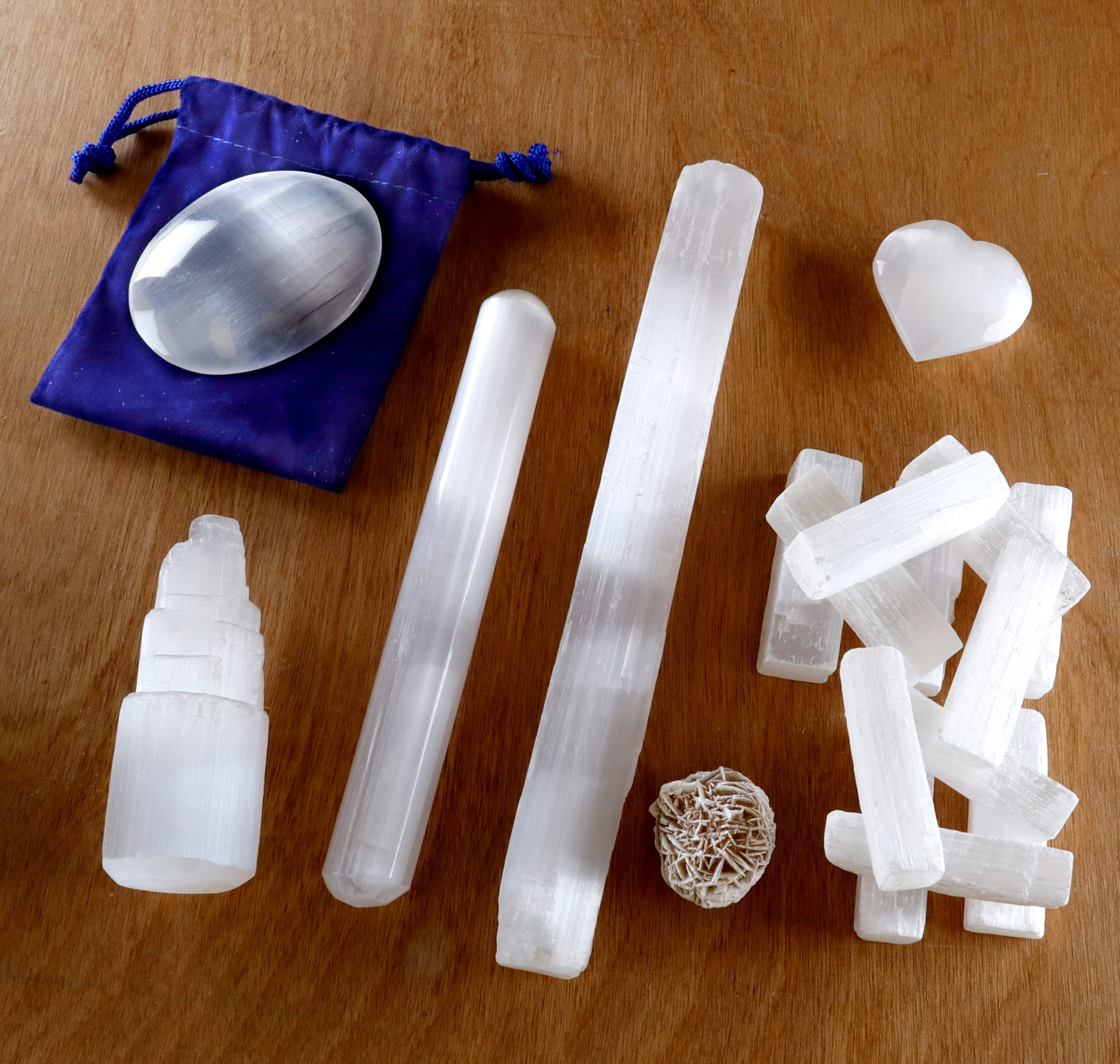 DANCING BEAR Selenite Protection Collection (22 pc Set): 12-15 Sticks (1.5-2   ), Palm Stone, Heart, Tower, 8 Stick, 5.5 Massage