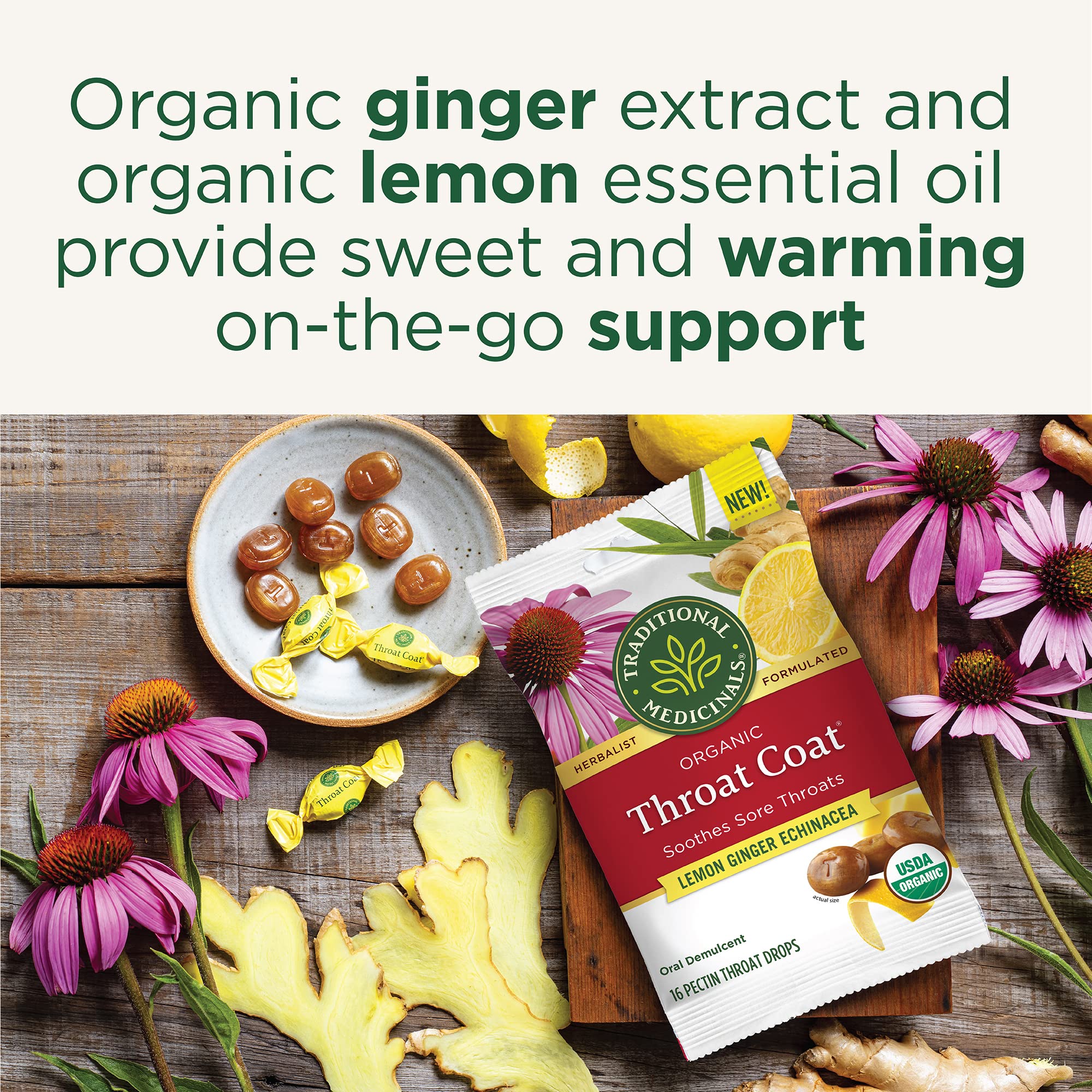 Traditional Medicinals Lozenges, Organic Throat Coat Lemon Ginger Echinacea, Sore Throat Support, 16 Individually Wrapped Lozeng