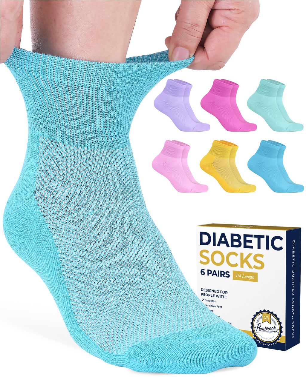Pembrook Ankle Diabetic Socks for Women and Men | 6 Pairs | Wide Calf and Ankle Neuropathy Socks for Women | Moisture Wicking Wo