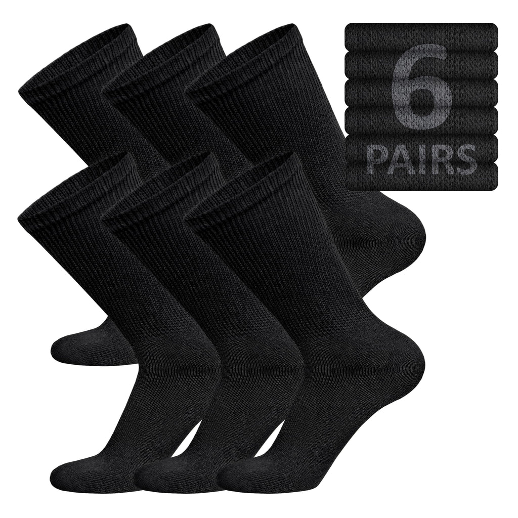 6 Pairs of Cotton Diabetic Non-Binding Neuropathy Crew Socks (Black, Fits Mens Shoe Size 8-10/Womens shoe size 9-11)