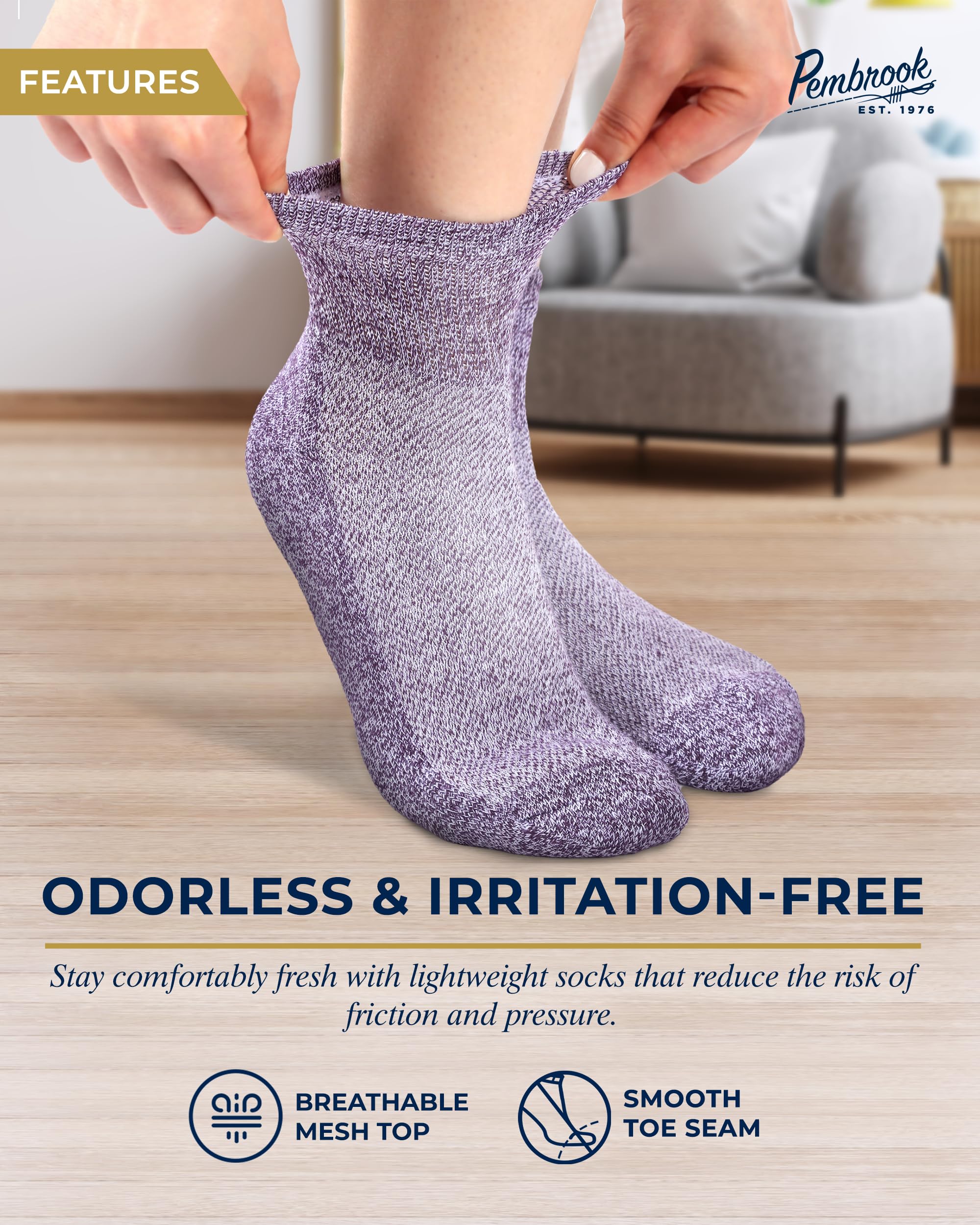 Pembrook Ankle Diabetic Socks for Men & Women | 6 Pairs | Black, White, Blue, Light Blue, Pink, Purple | Mens Diabetic Socks | D