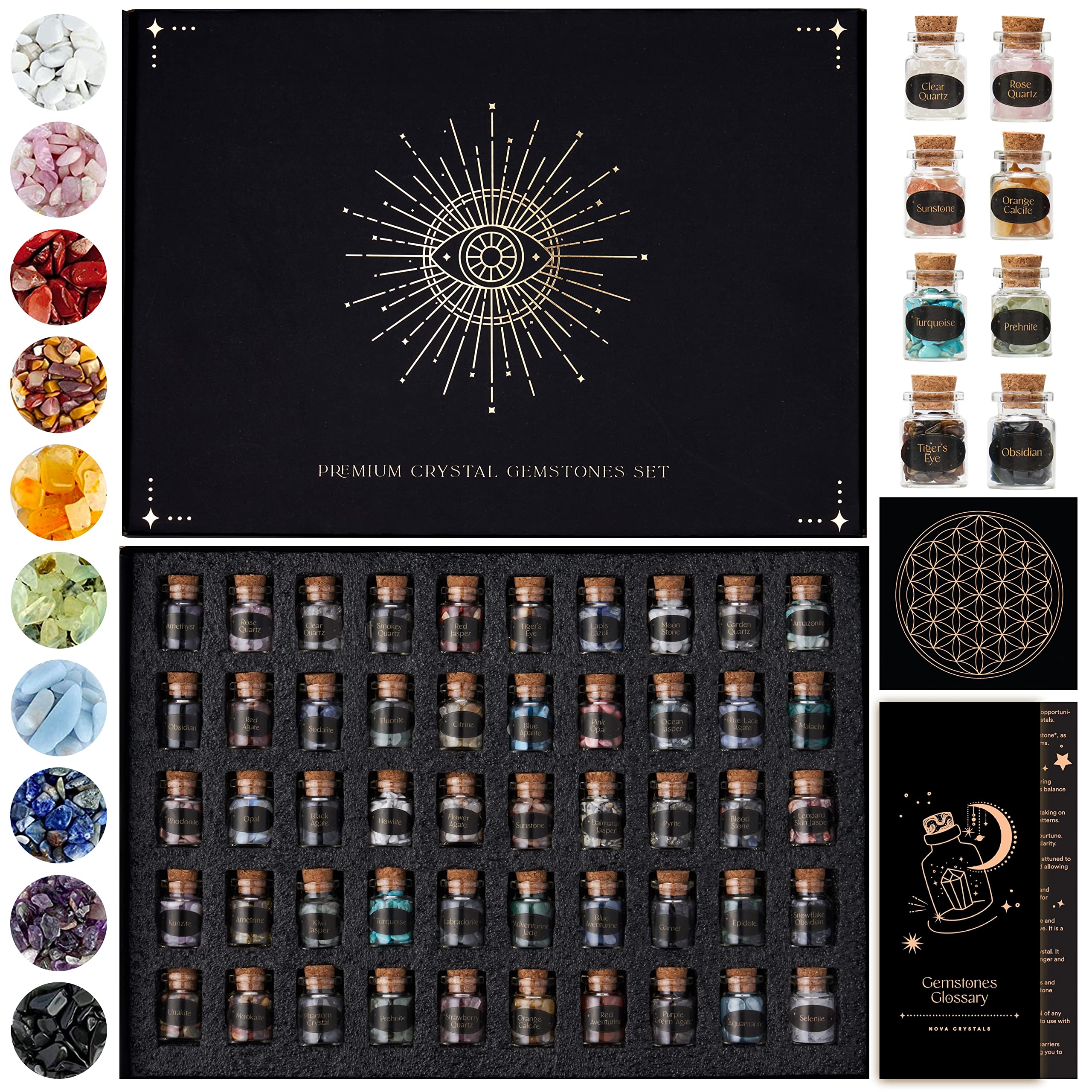 Set of 50 Crystals and Stones | Healing Crystals in Spell Jars with Cork | Witchcraft Supplies | Real Crystal Kit with Crystal G