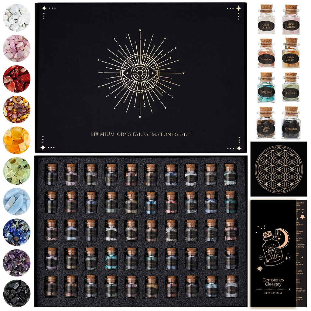 Set of 50 Crystals and Stones | Healing Crystals in Spell Jars with Cork | Witchcraft Supplies | Real Crystal Kit with Crystal G