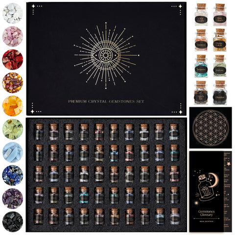 Set of 50 Crystals and Stones | Healing Crystals in Spell Jars with Cork | Witchcraft Supplies | Real Crystal Kit with Crystal G