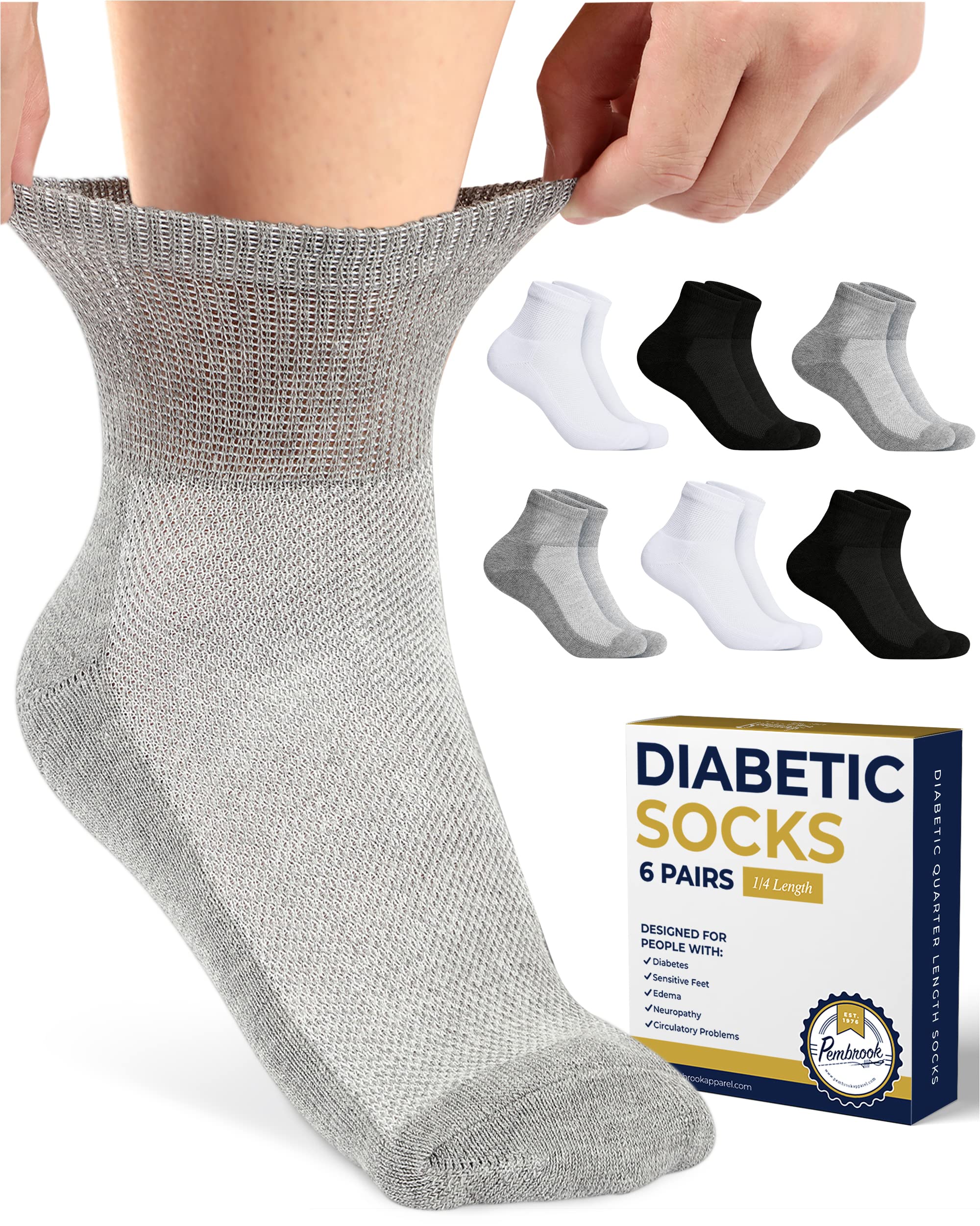 Pembrook Ankle Diabetic Socks for Men & Women | 6 Pairs | Black, White, Gray | Wide Stretch Top Mens Diabetic Socks | Diabetic S