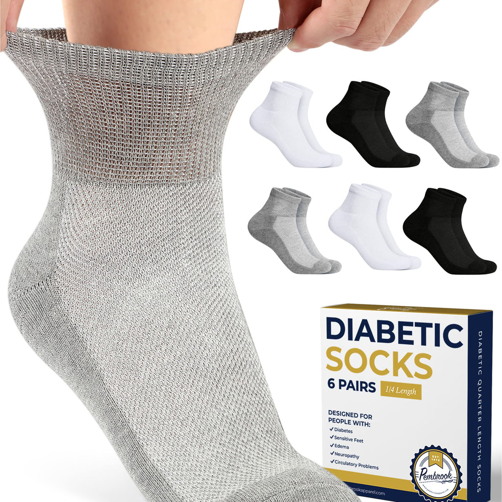 Pembrook Ankle Diabetic Socks for Men & Women | 6 Pairs | Black, White, Gray | Wide Stretch Top Mens Diabetic Socks | Diabetic S