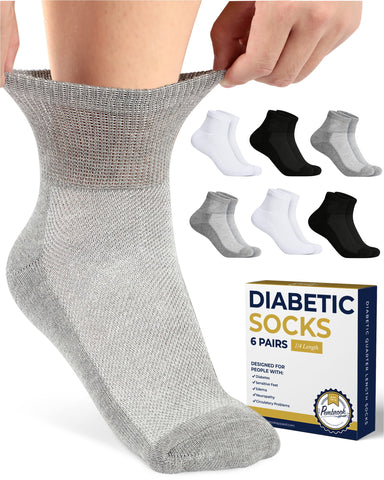 Pembrook Ankle Diabetic Socks for Men & Women | 6 Pairs | Black, White, Gray | Wide Stretch Top Mens Diabetic Socks | Diabetic S