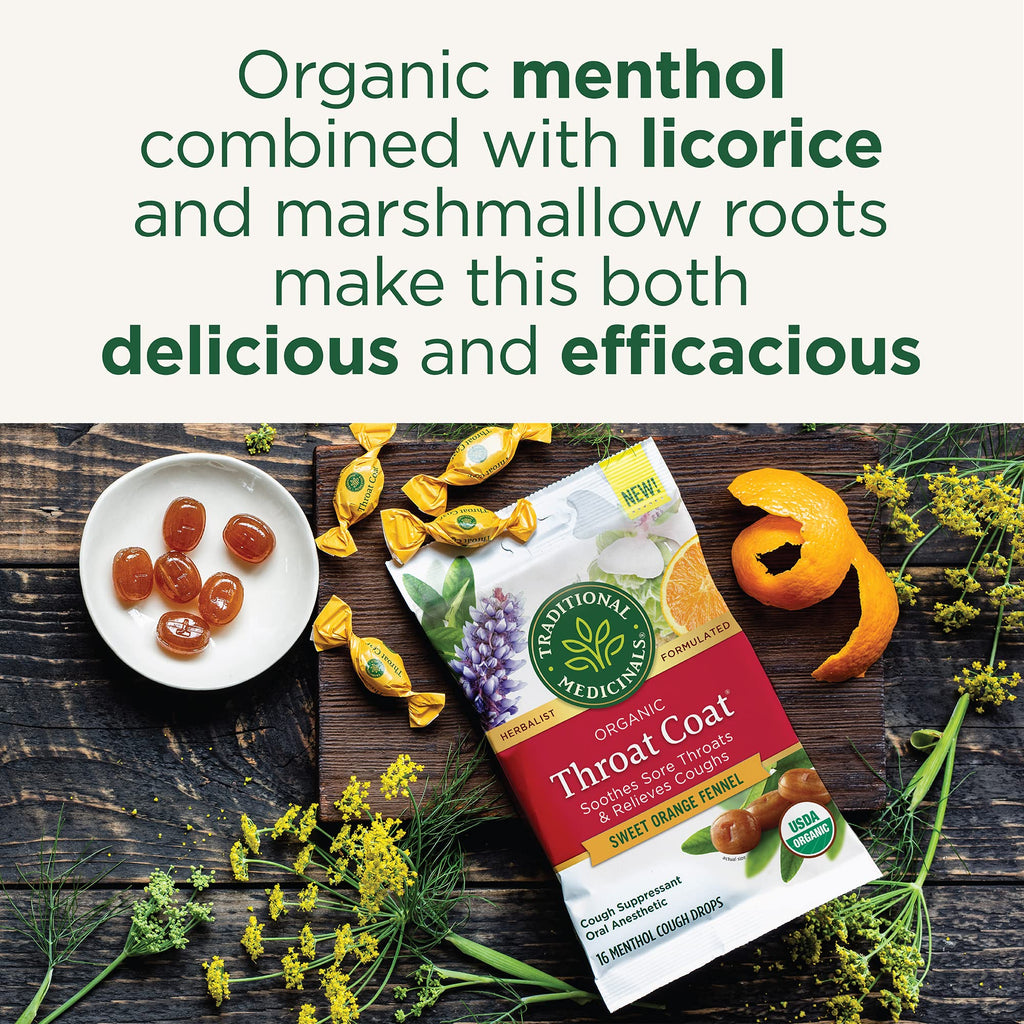 Traditional Medicinals Lozenges, Organic Throat Coat Sweet Orange Fennel, Soothes Sore Throats & Relievs Coughs, 16 Individually