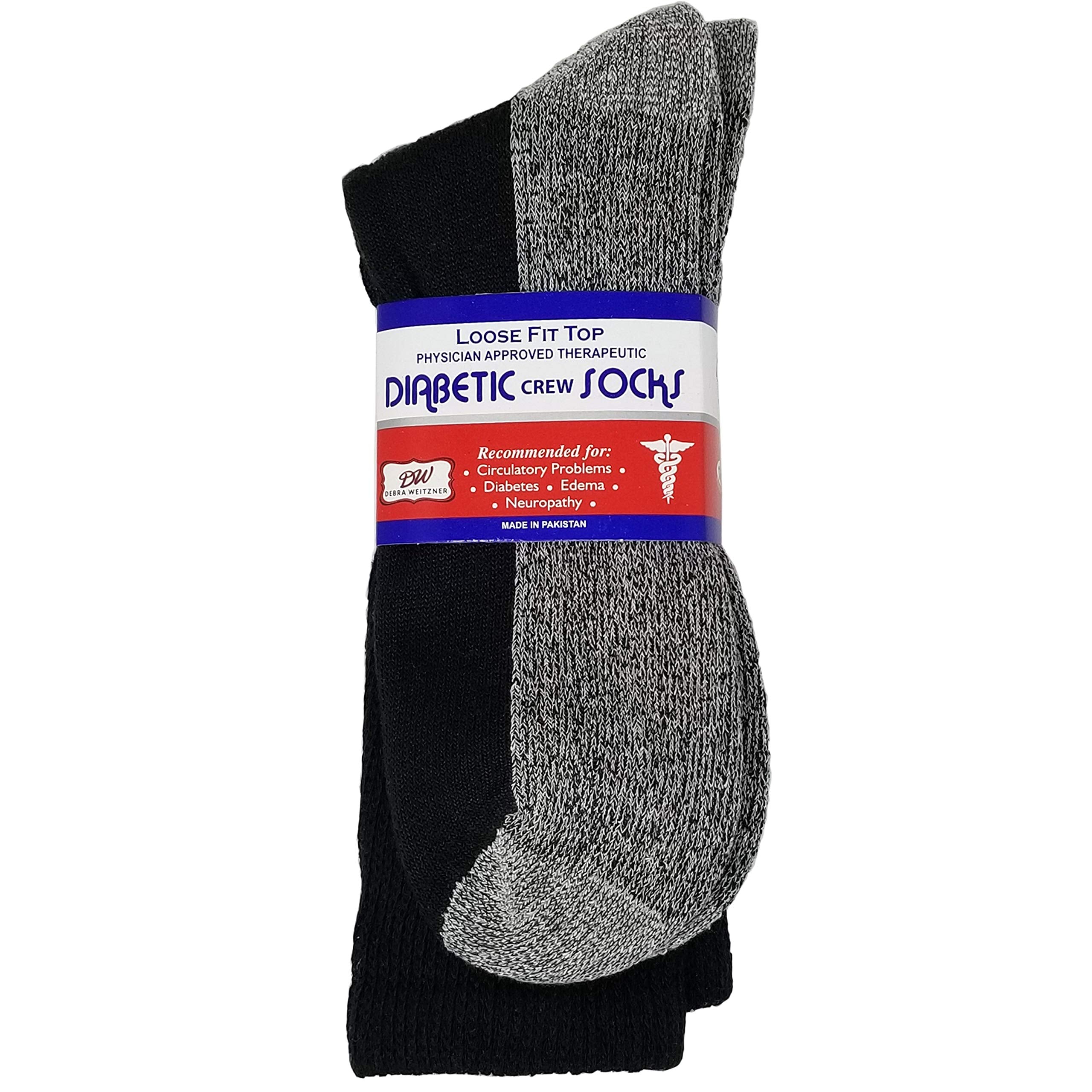 Debra Weitzner 6 Pairs Diabetic Crew Socks Reinforced Heel and Toe Non-Binding Cushion Socks for Men and Women Black/Black Sole
