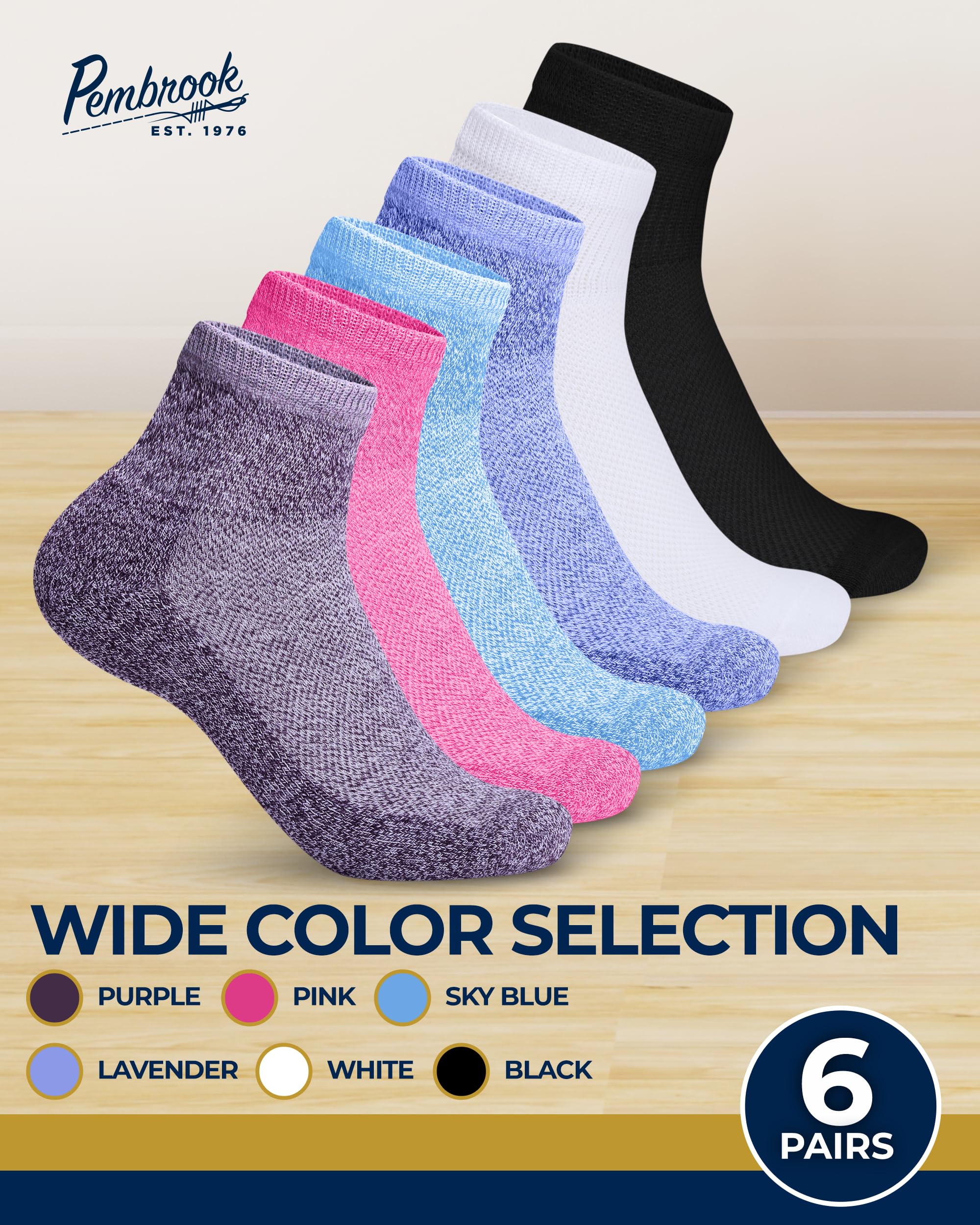 Pembrook Ankle Diabetic Socks for Men & Women | 6 Pairs | Black, White, Blue, Light Blue, Pink, Purple | Mens Diabetic Socks | D