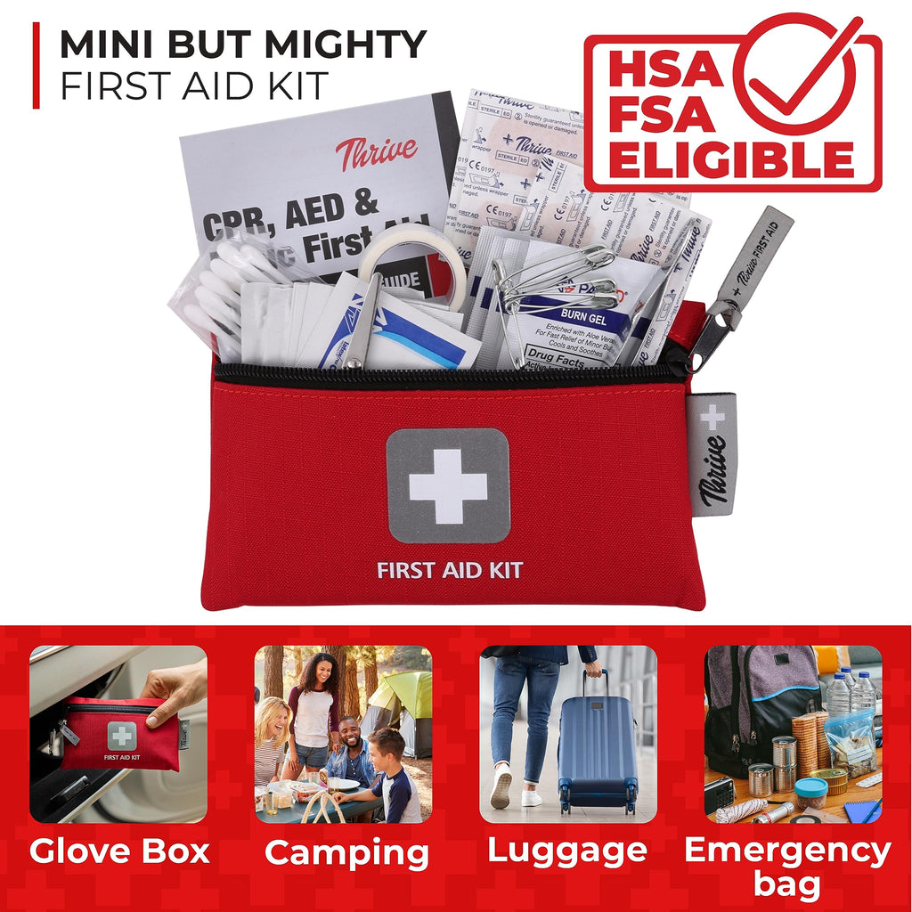 Thrive Travel Essentials Mini First Aid Kit - 66 FSA HSA Approved Products Includes Multi-Sized Bandage, Wipes, Safety Pins, and