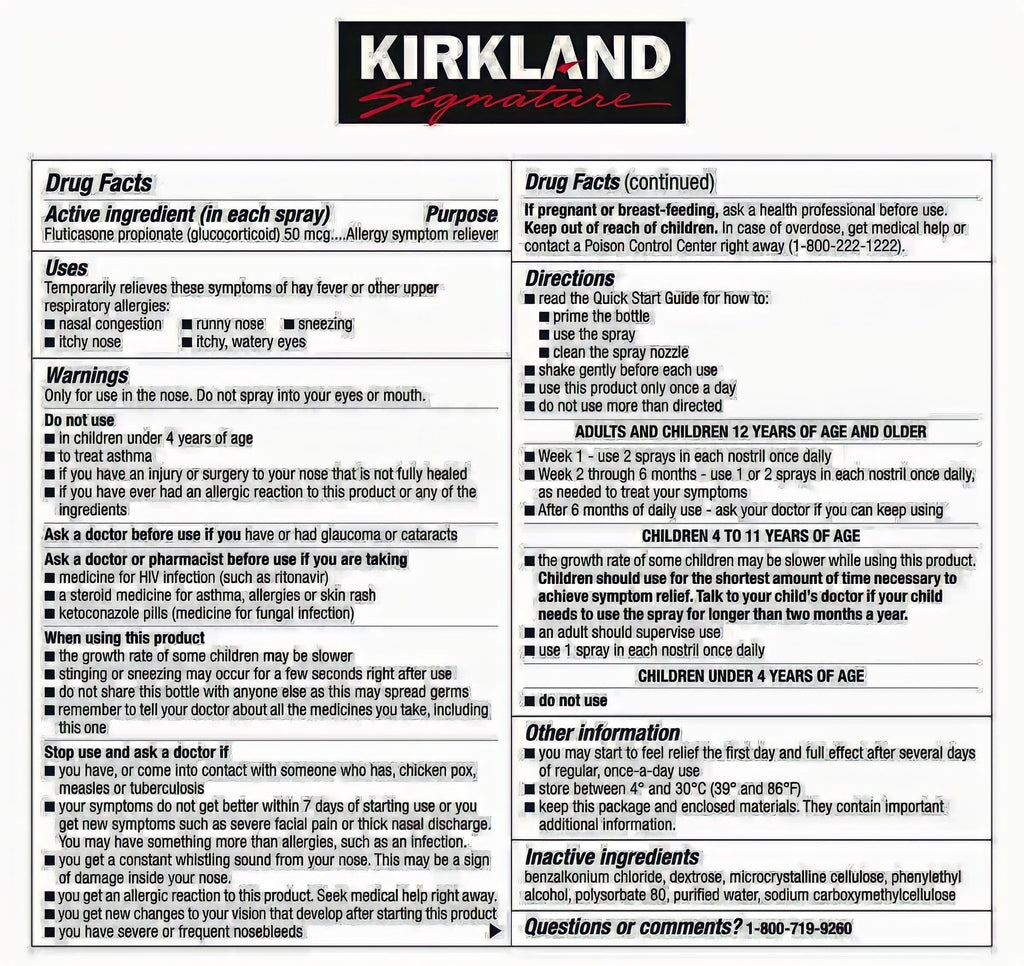 KIRKLAND SIGNATURE Aller-Flo Fluticasone Propionate (Glucorticoid) 5 Bottles x 120 Metered Sprays 0.54 Fl OZ per Bottle (15.8 mL
