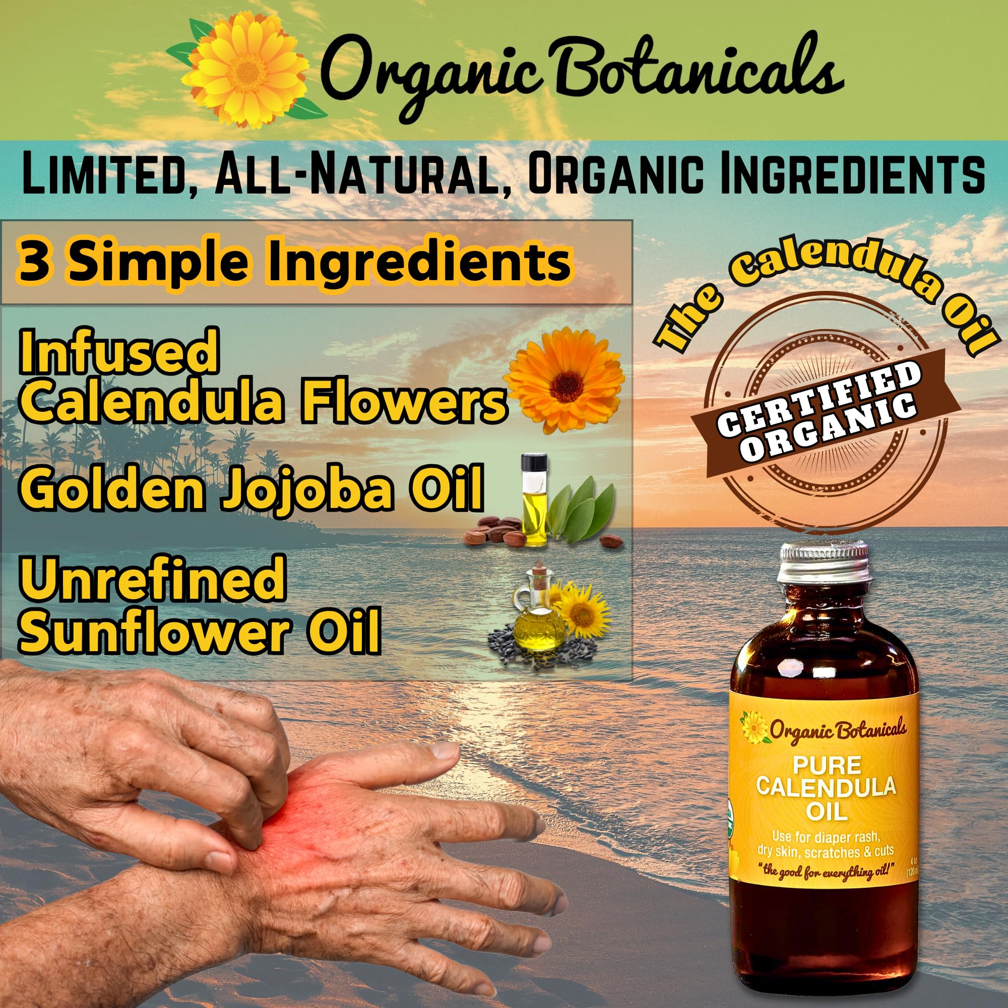 Organic Botanicals, Calendula Oil Organic for Skin- Trauma Skincare from Local Infused Calendula Flowers, Eczema Oil, Certified