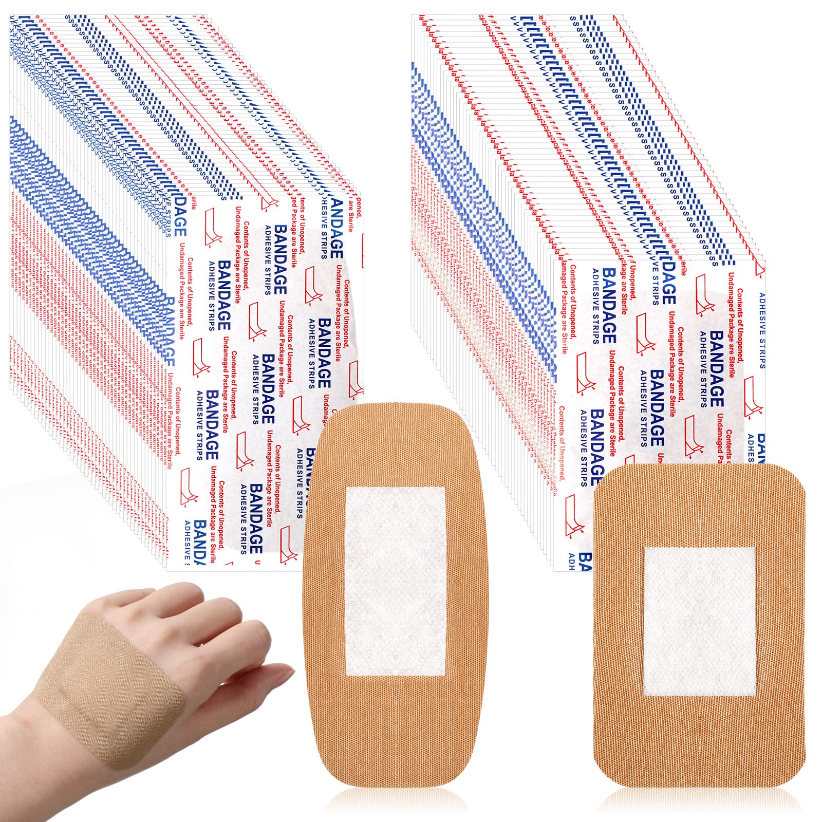 BBTO 200 Pcs Large Assorted Bandages 2 Styles Flexible Fabric Adhesive Bandages Bulk Wounds Care First Aid Supplies Fingertip Ad