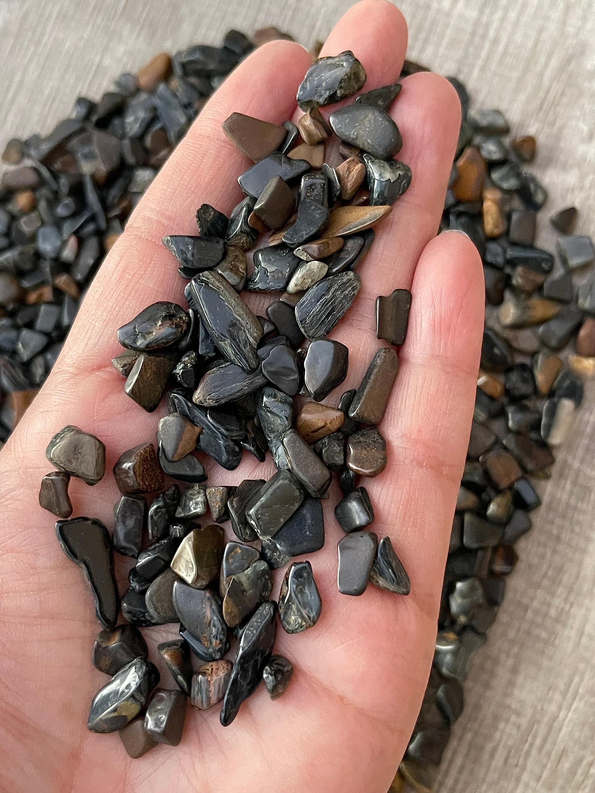 GAF TREASURES 2 oz Lot Natural Blue Tiger Eye Semi Tumbled Gemstone Chips, Crushed Mini Crystals, Undrilled Crystal Chips (Blue