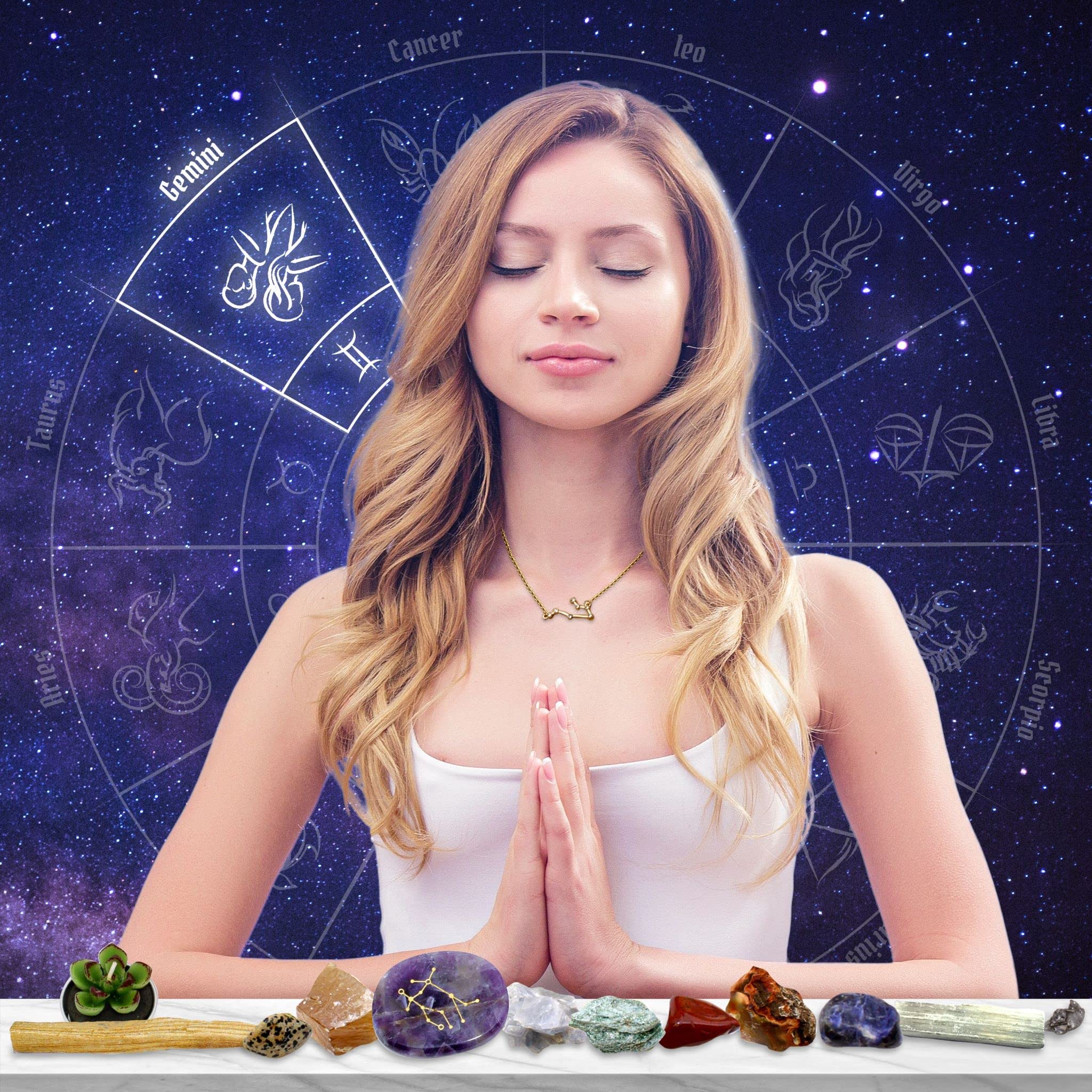 DANCING BEAR Gemini Zodiac Healing Crystals Gift Set (14 Pc): 9 Stones, 18K Gold-Plated Constellation Necklace, Meteorite, Succu