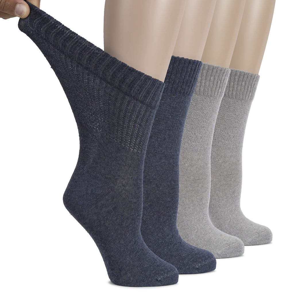 Hugh Ugoli Women's Cotton Diabetic Crew Socks, Wide, Thin, Loose and Stretchy, Seamless Toe & Non-Binding Top, 4 Pairs, IndigoBl