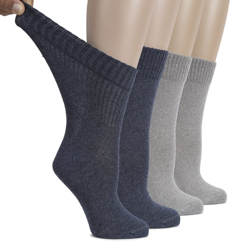 Hugh Ugoli Women's Cotton Diabetic Crew Socks, Wide, Thin, Loose and Stretchy, Seamless Toe & Non-Binding Top, 4 Pairs, IndigoBl