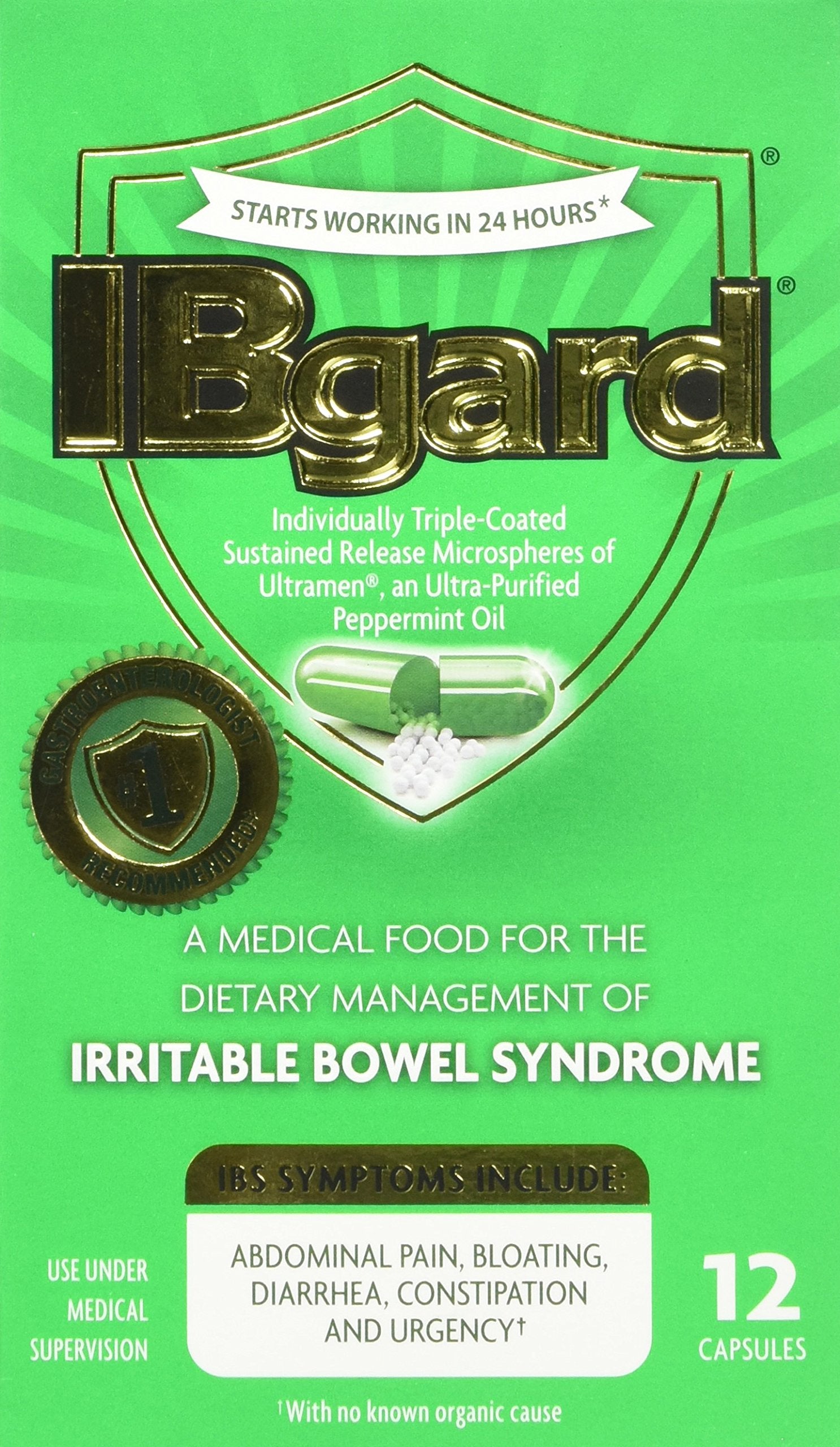 IBgard for Irritable Bowel Syndrome (IBS) Relief Bloating Gas 12 Capsules Small Box 90mg Ultra Purified Peppermint Oil Good for 