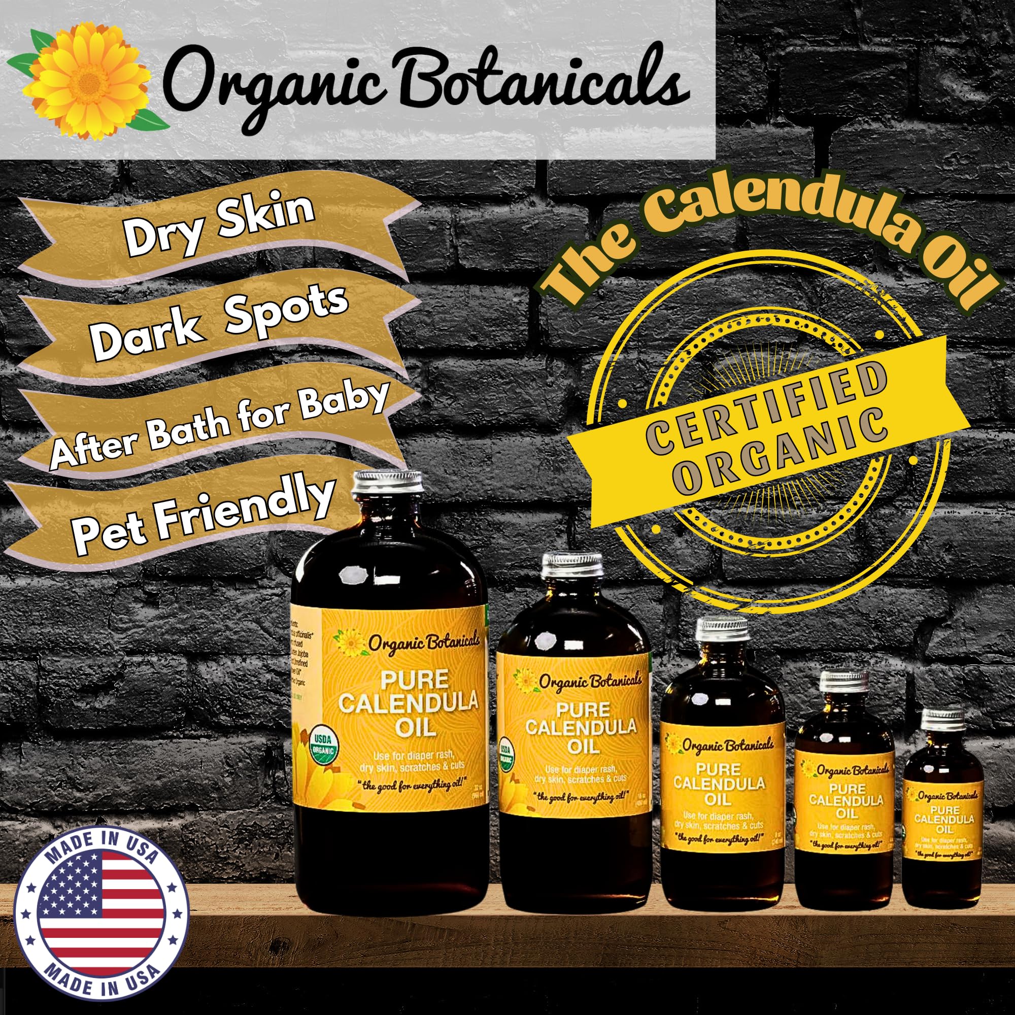 Organic Botanicals, Calendula Oil Organic for Skin- Trauma Skincare from Local Infused Calendula Flowers, Eczema Oil, Certified