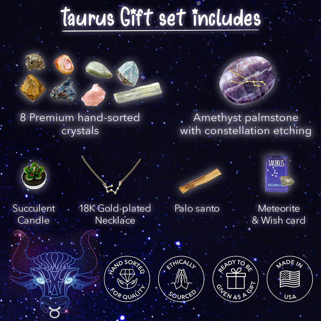 DANCING BEAR Taurus Zodiac Healing Crystals Gift Set (14 Pc): 9 Stones, 18K Gold-Plated Constellation Necklace, Meteorite, Succu