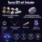 DANCING BEAR Taurus Zodiac Healing Crystals Gift Set (14 Pc): 9 Stones, 18K Gold-Plated Constellation Necklace, Meteorite, Succu
