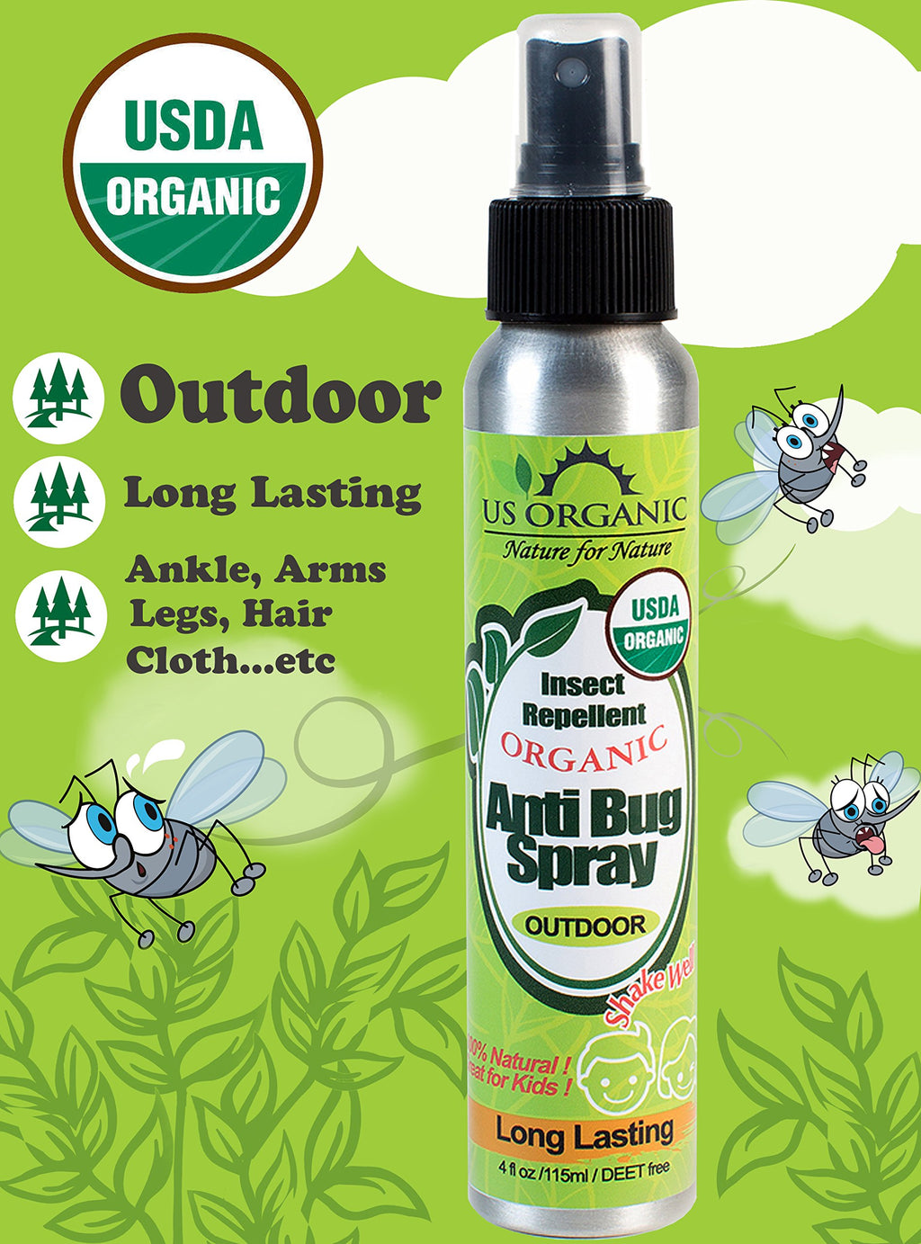US Organic Mosquito Repellent Anti Bug Outdoor Pump Spray, 4 oz, Certified Organic, DEET-Free, Natural Insect Protection for Cam