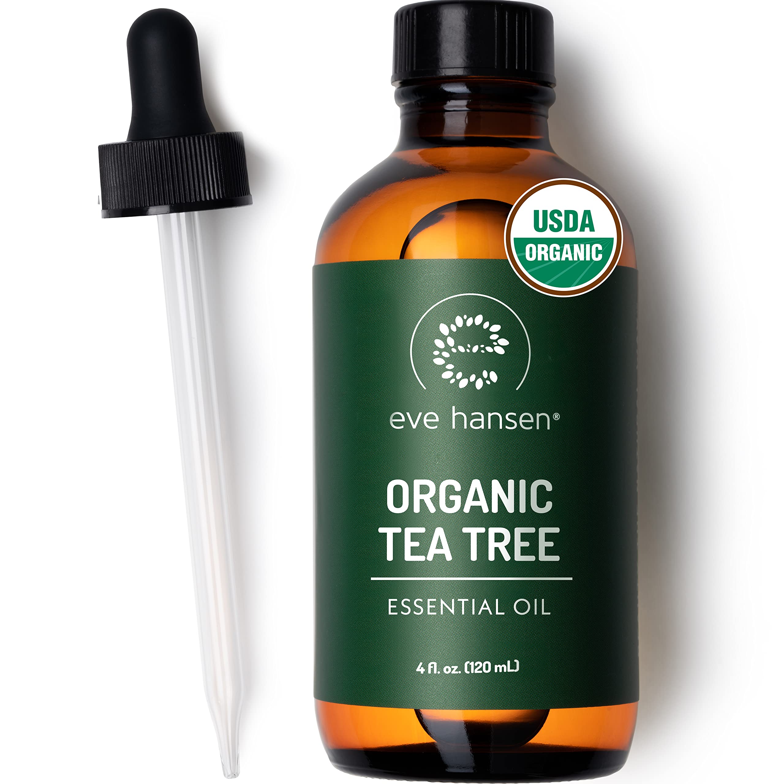 Eve Hansen Organic Tea Tree Oil (4oz) | Melaleuca Alternifolia | Pure Tea Tree Essential Oil for Skin, Scalp, Nails and Aromathe