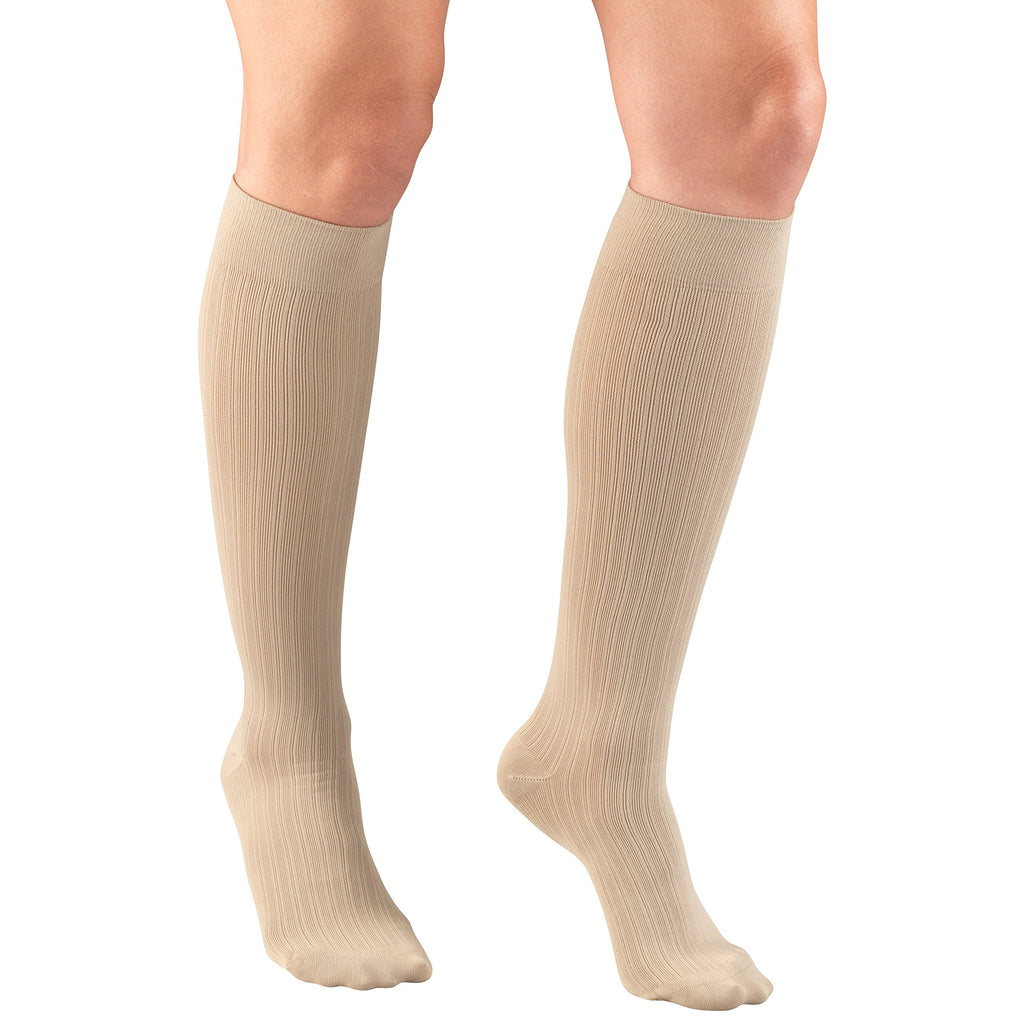 Truform Compression Socks, 15-20 mmHg, Women's Dress Socks, Knee High Over Calf Length, Tan Rib Knit, Medium