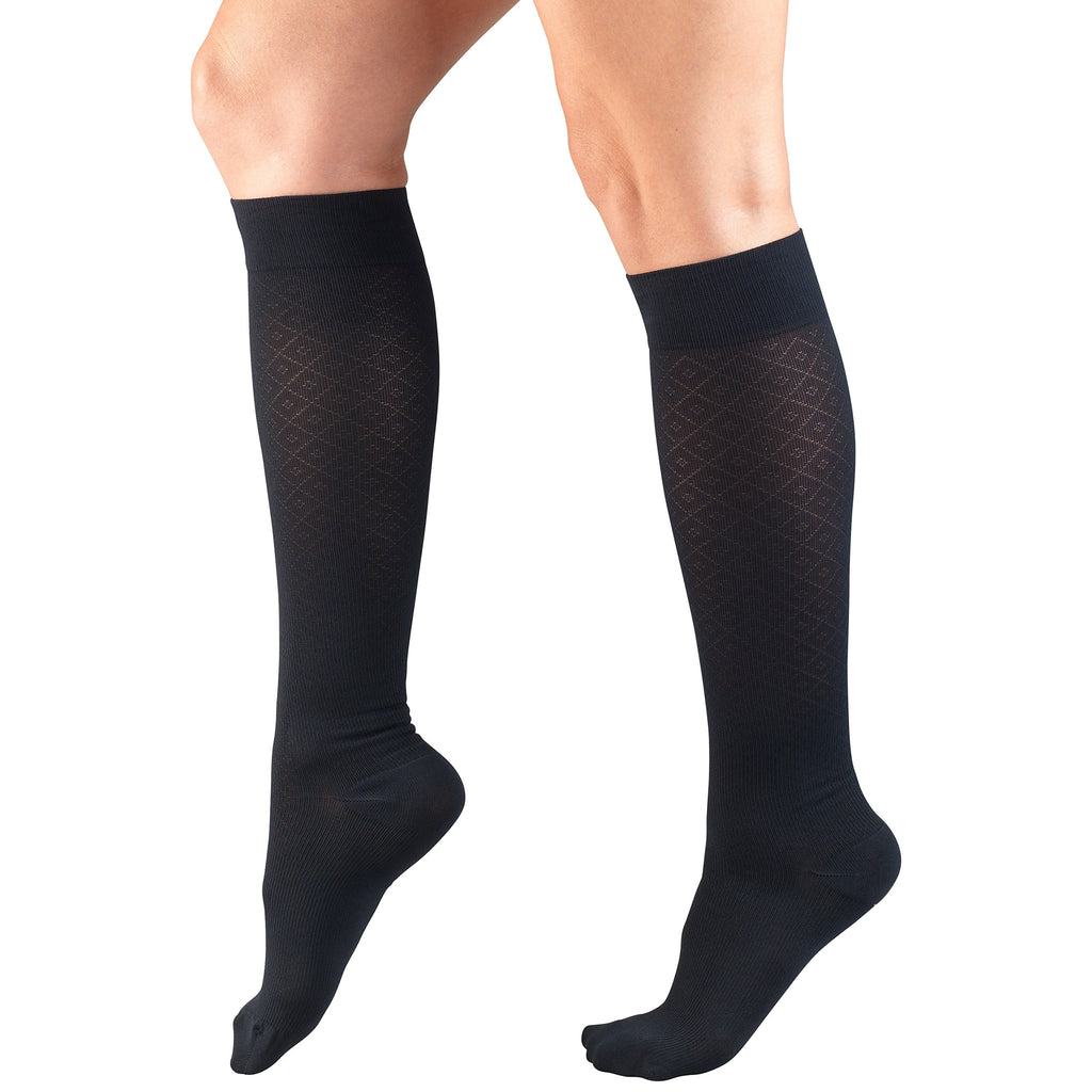 Truform Compression Socks, 15-20 mmHg, Women's Dress Socks, Knee High Over Calf Length, Navy Diamond Knit, Large