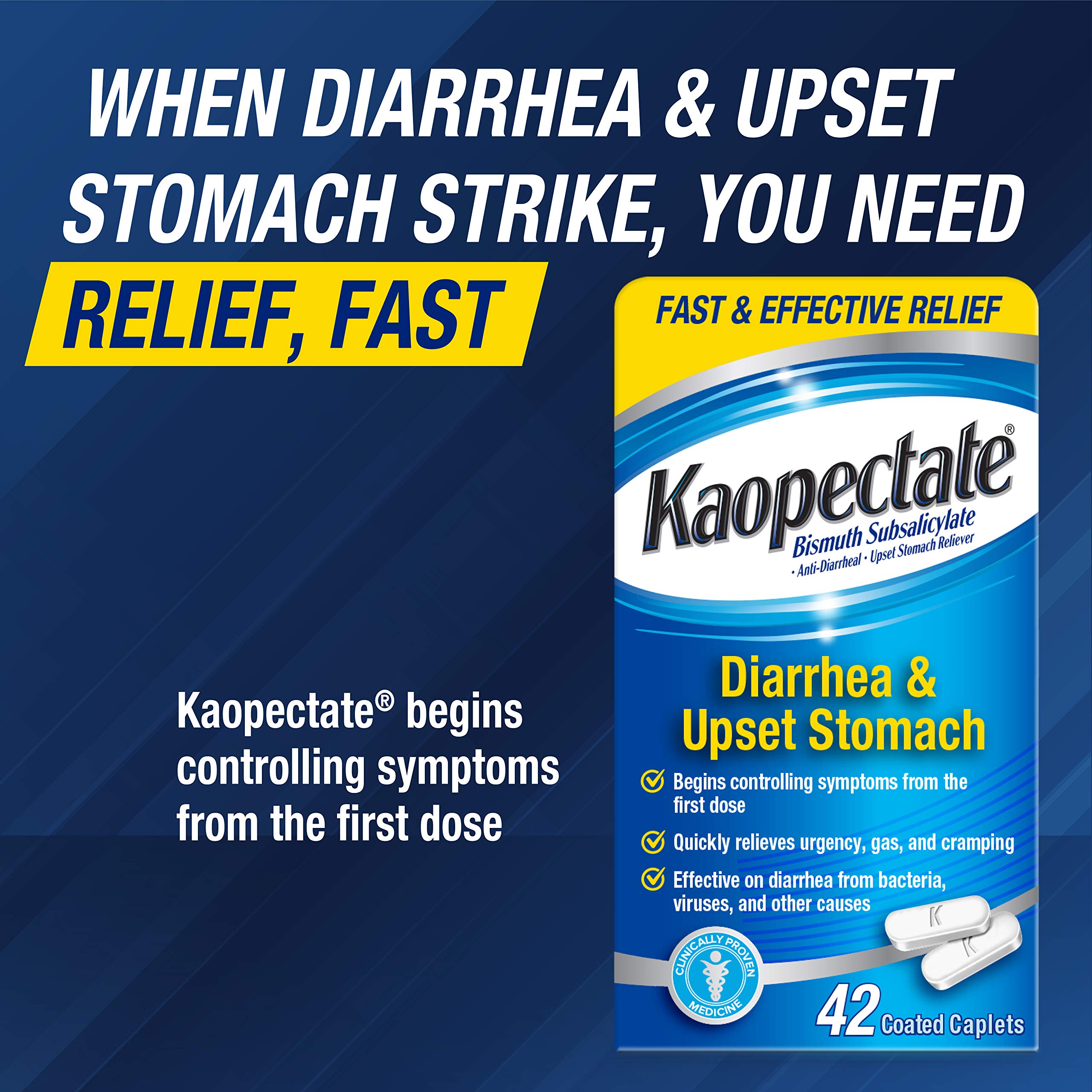 Kaopectate Multi-Symptom Anti-Diarrheal& Upset Stomach Reliever, 42 Caplets (Pack of 2)