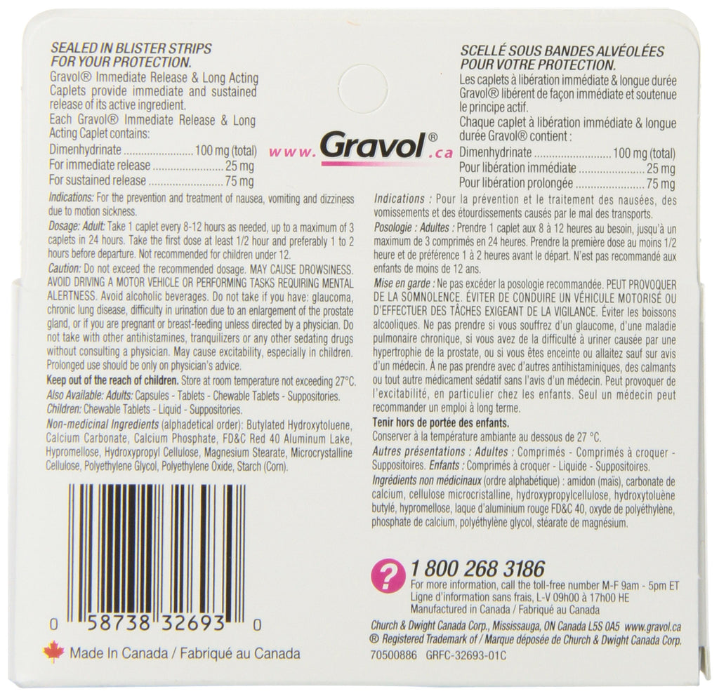 Dual Relief 12 Hour Long Lasting GRAVOL (24 caplets) Antinauseant for Nausea, Vomiting, Dizziness & Motion Sickness