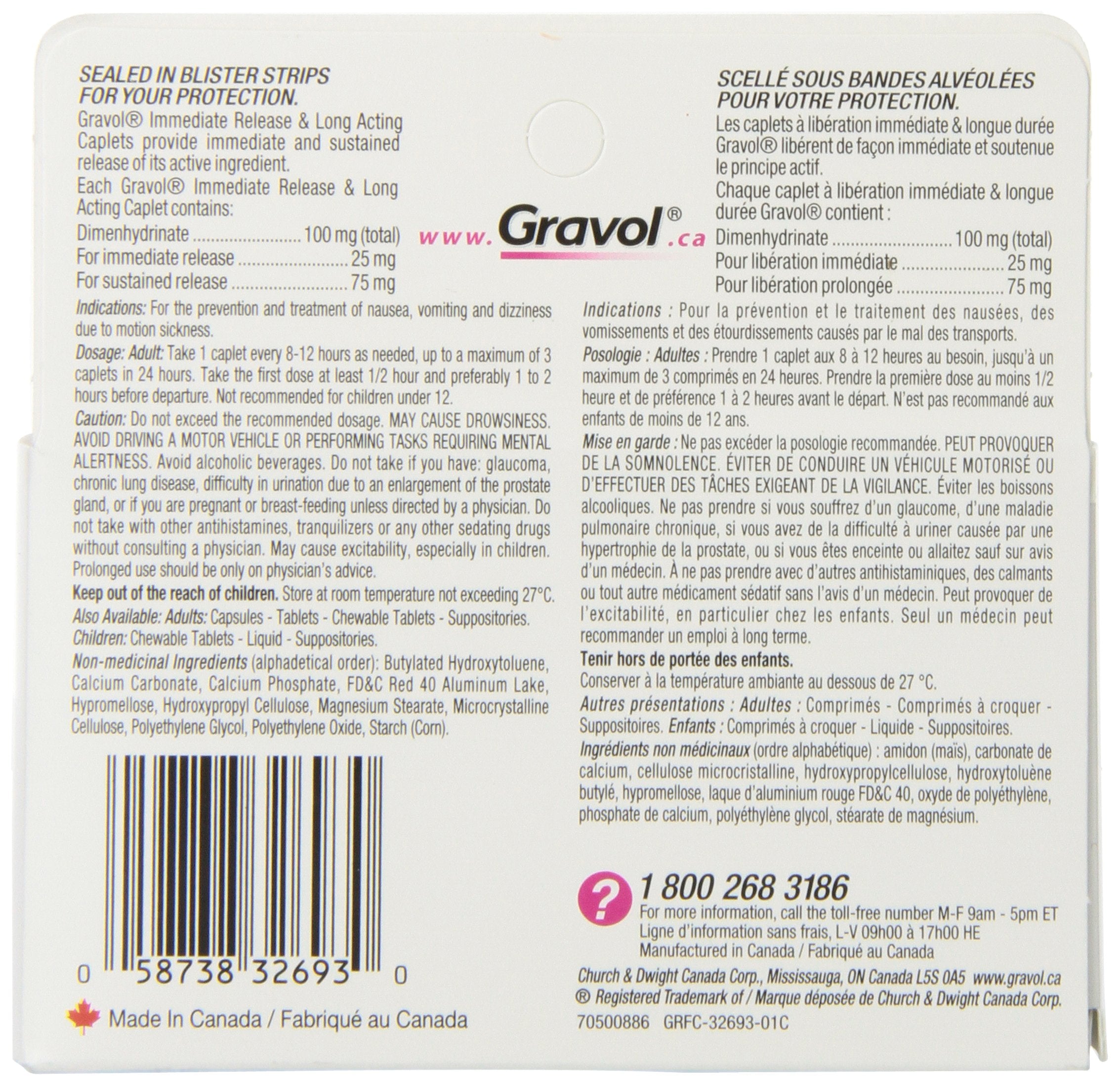 Dual Relief 12 Hour Long Lasting GRAVOL (24 caplets) Antinauseant for Nausea, Vomiting, Dizziness & Motion Sickness