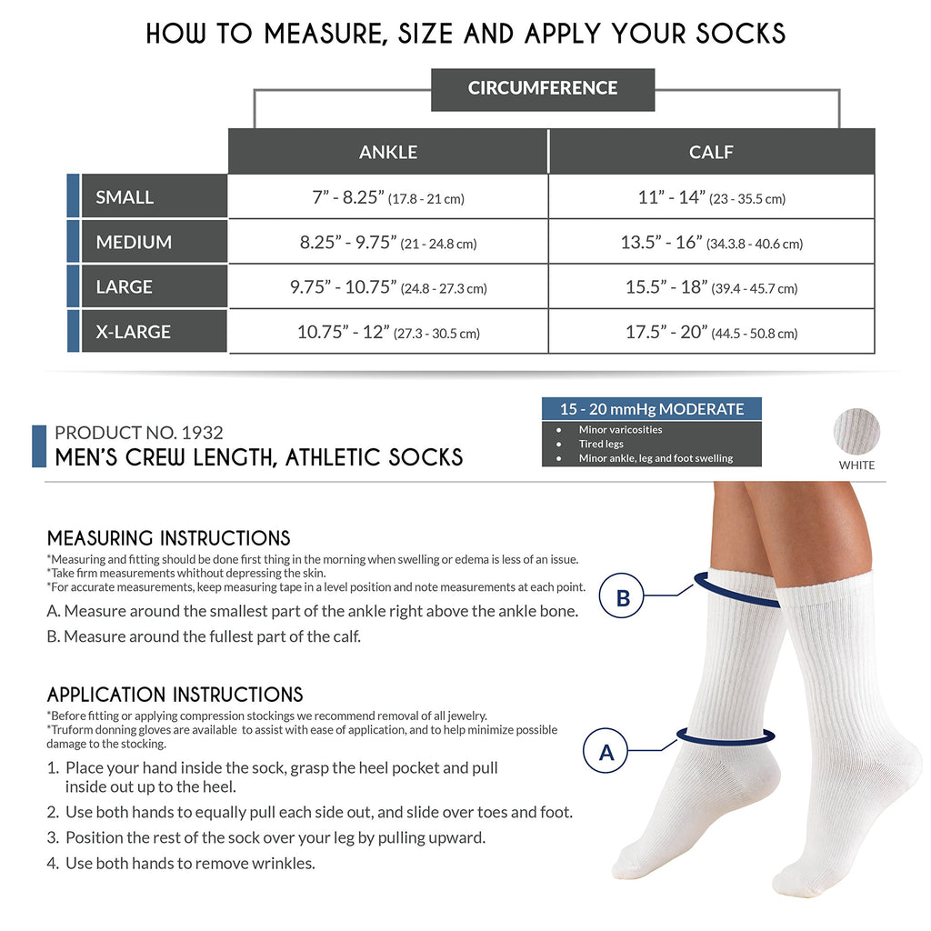 Truform 15-20 Mens Athletic Crew Sock, XL, White (Pack of 2)