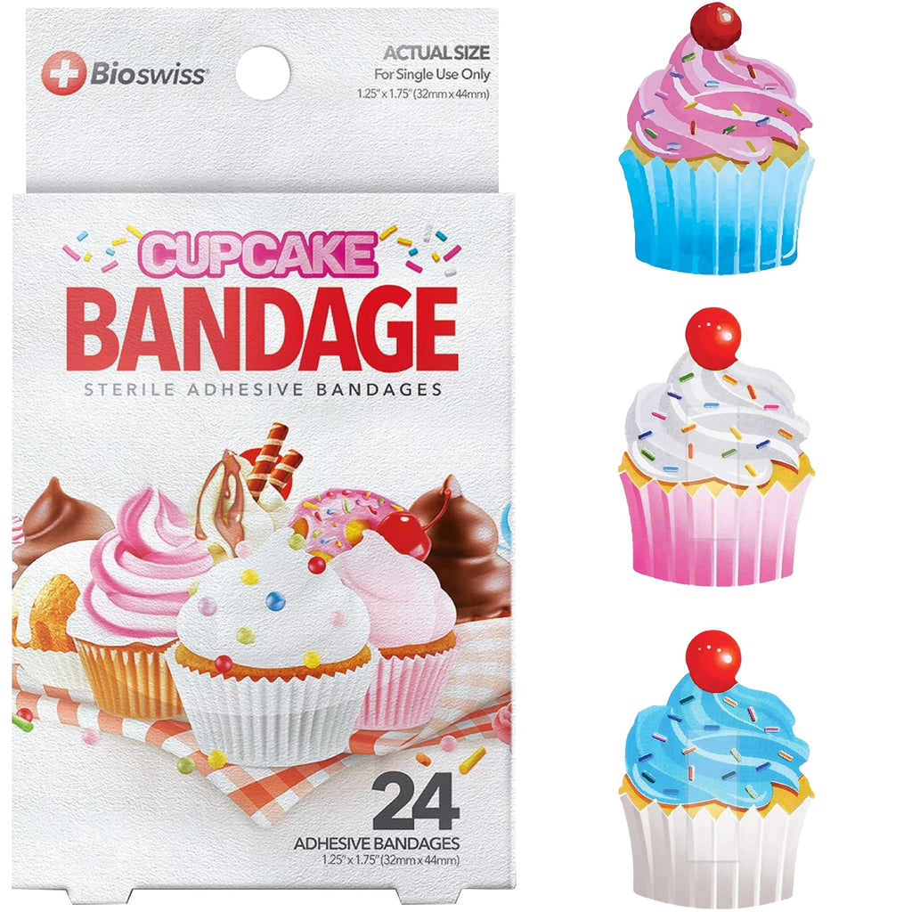 BioSwiss Bandages, Cupcake Shaped Self Adhesive Bandage, Latex Free Sterile Wound Care, Fun First Aid Kit Supplies for Kids, 24 