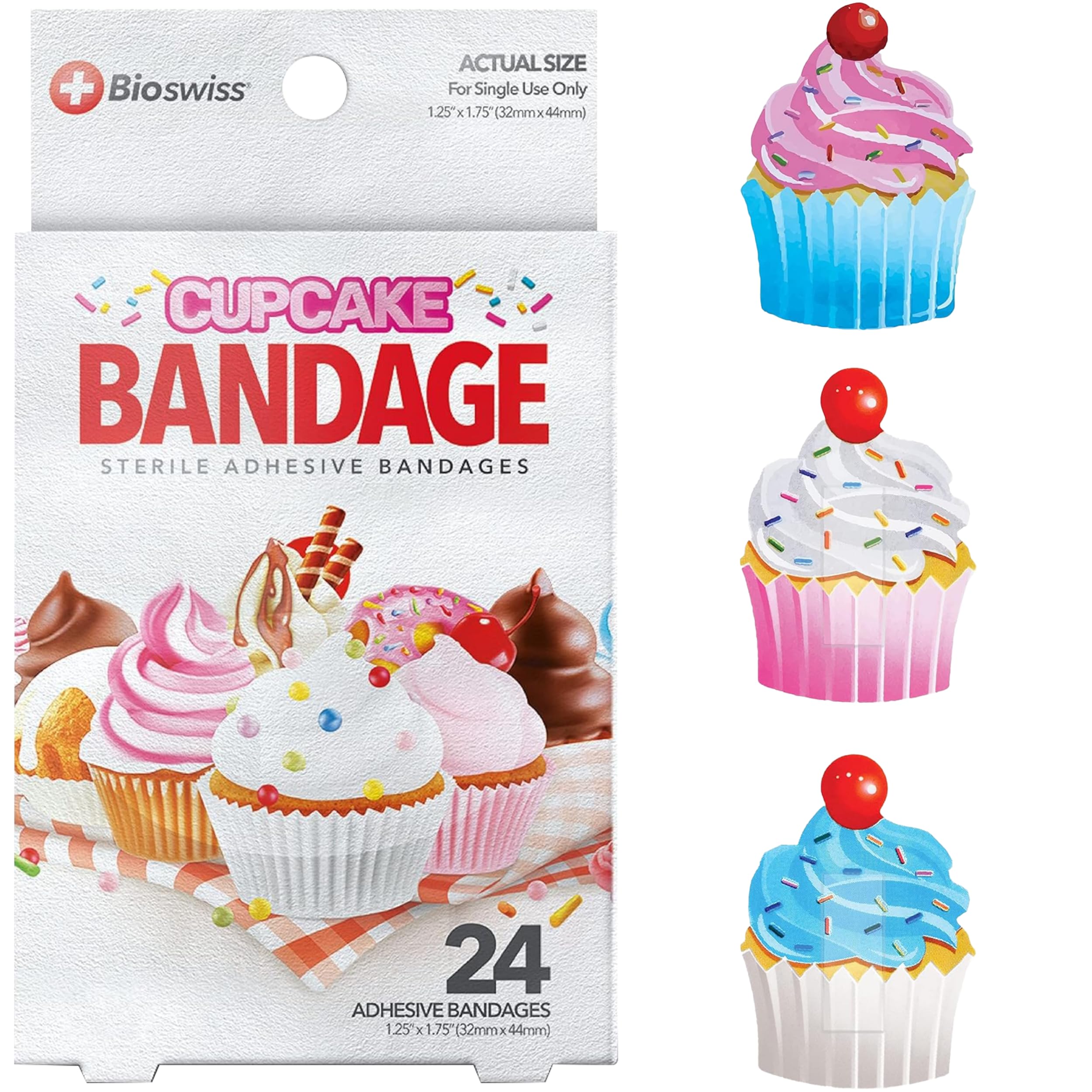 BioSwiss Bandages, Cupcake Shaped Self Adhesive Bandage, Latex Free Sterile Wound Care, Fun First Aid Kit Supplies for Kids, 24 