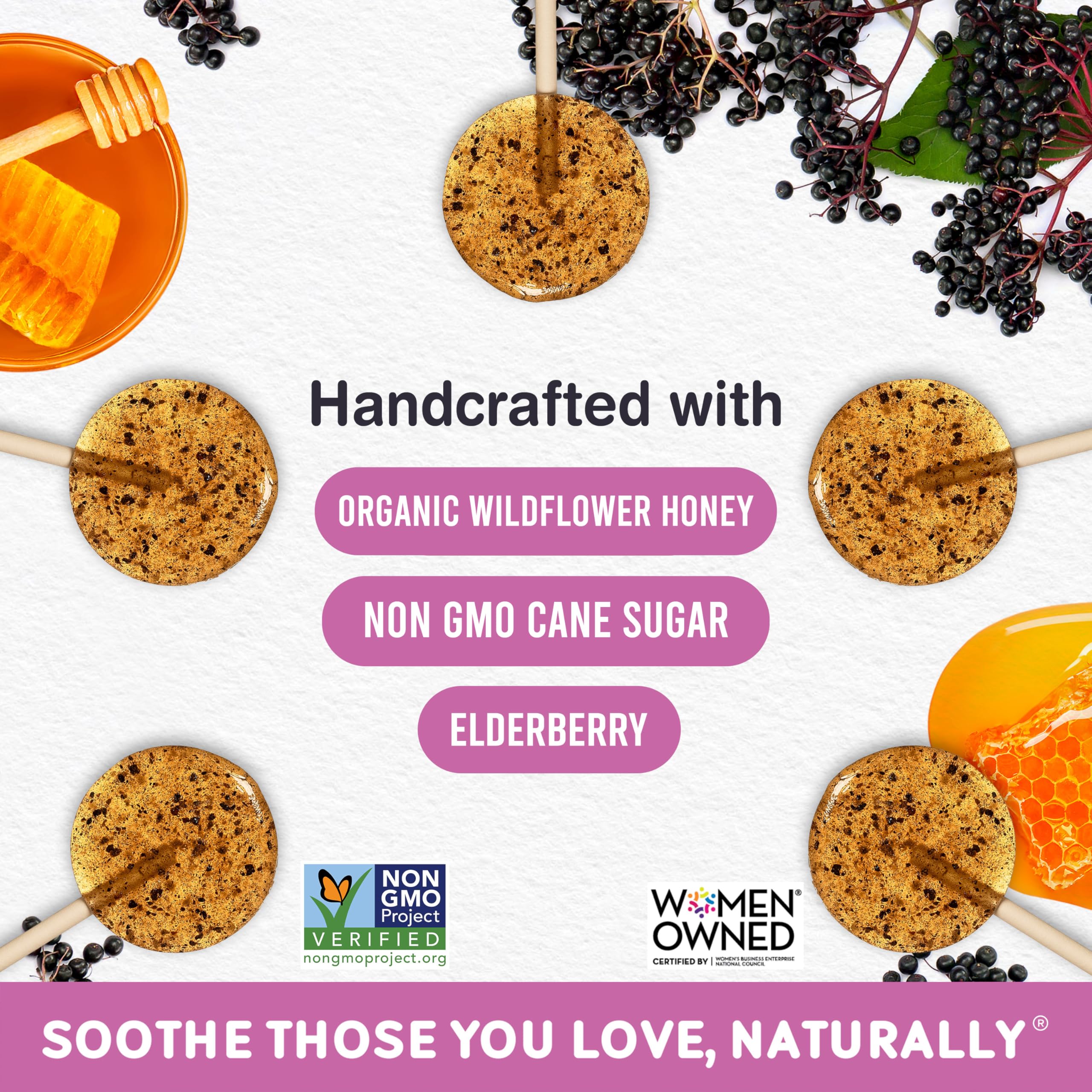 MommaBear Organics Handcrafted Kids Cough Lollipops - Natural Sore Throat Relief & Cough Drop Suckers for Kids 3+ - Elderberry B