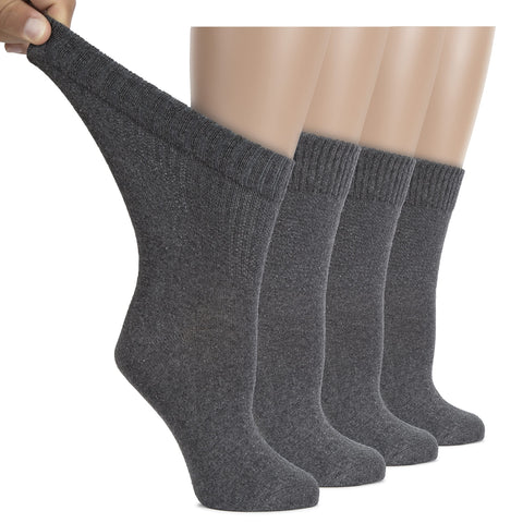 Hugh Ugoli Women's Cotton Diabetic Crew Socks, Wide, Thin, Loose Fit and Stretchy, Seamless Toe & Non-Binding Top, 4 Pairs, Mela