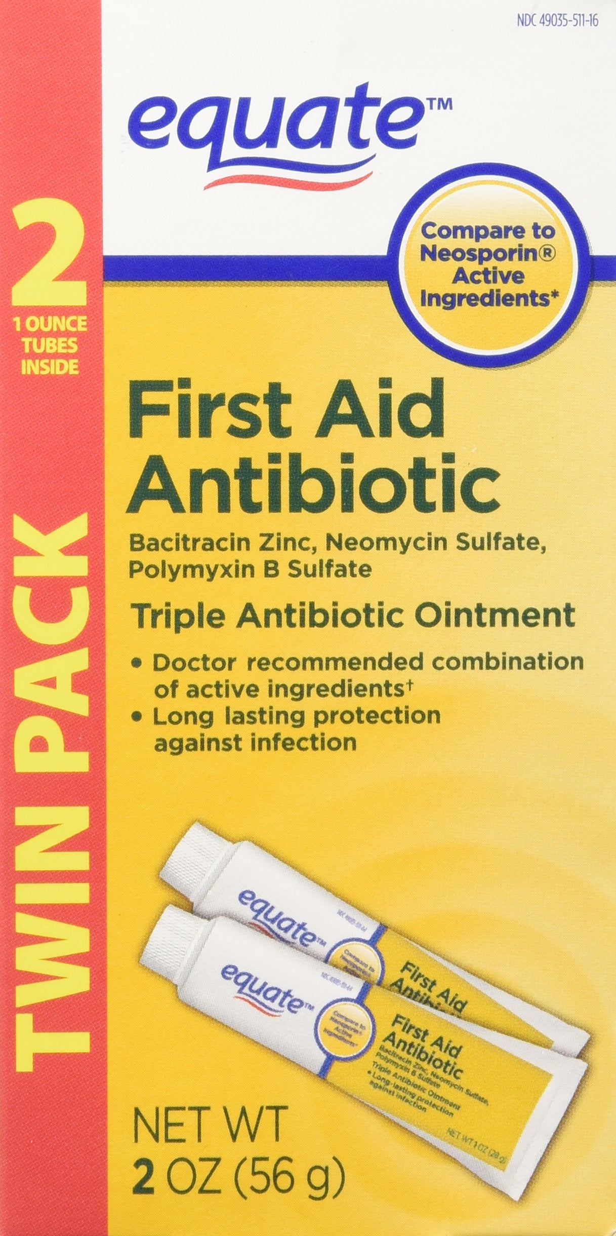 Equate Triple Antibiotic First Aid Ointment, 1 Ounce (Pack of 2) (Compare to Neosporin Active Ingredients) Twin Pack