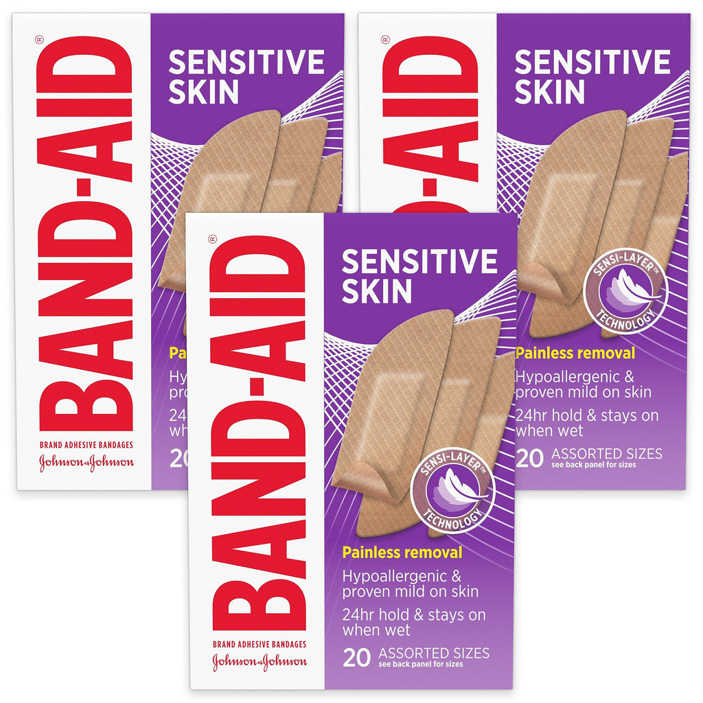 Band-Aid Brand Adhesive Bandages for Sensitive Skin, Durable Hypoallergenic Bandages to Protect Minor Cuts, Scrapes & Burns, Ste