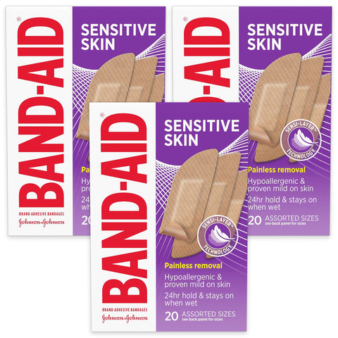 Band-Aid Brand Adhesive Bandages for Sensitive Skin, Durable Hypoallergenic Bandages to Protect Minor Cuts, Scrapes & Burns, Ste