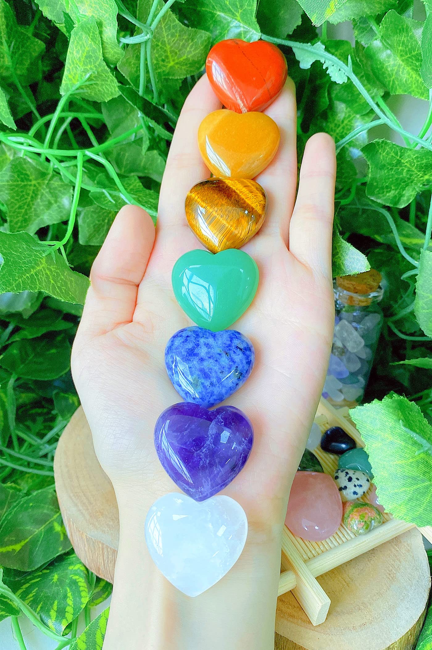 QINJIEJIE 7Pcs 7 Chakras 1.2'' Heart Crystal Large Stone Rose Quartz Healing Crystals Love Polished Thumb Natural Palm Assorted